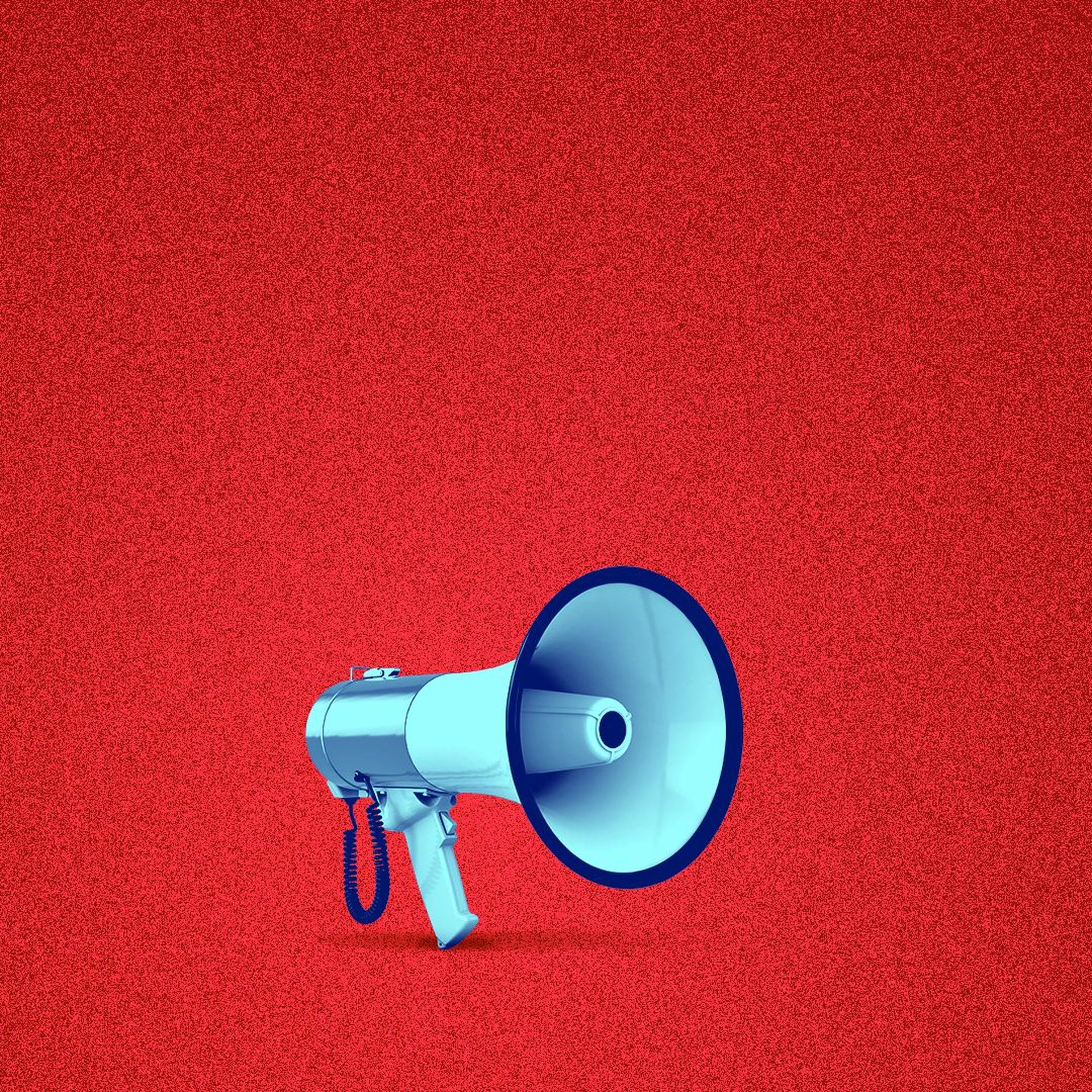 Illustration of a small blue megaphone against a red background.
