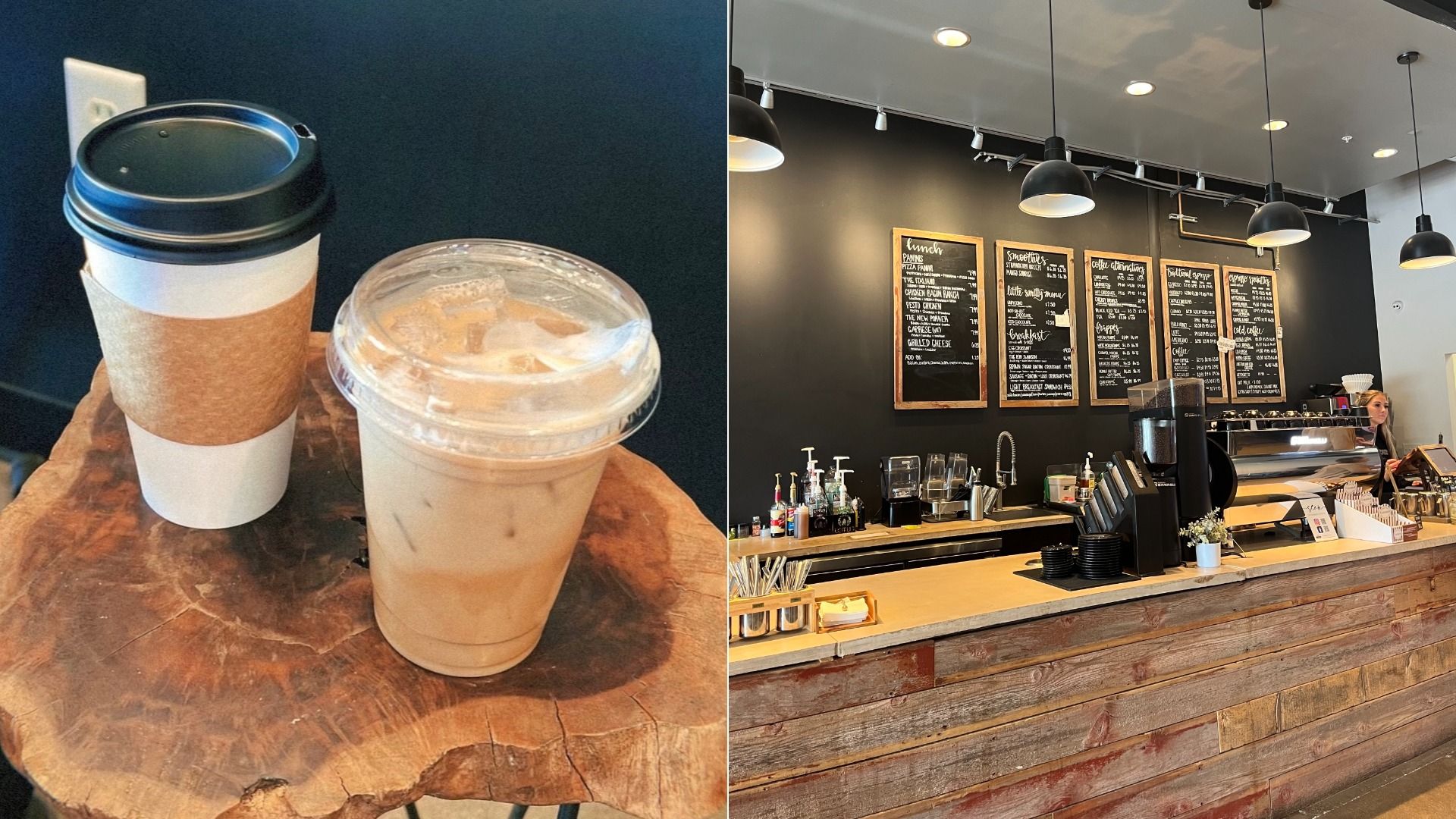 Two coffees from coffeesmith and the menu board behind the counter
