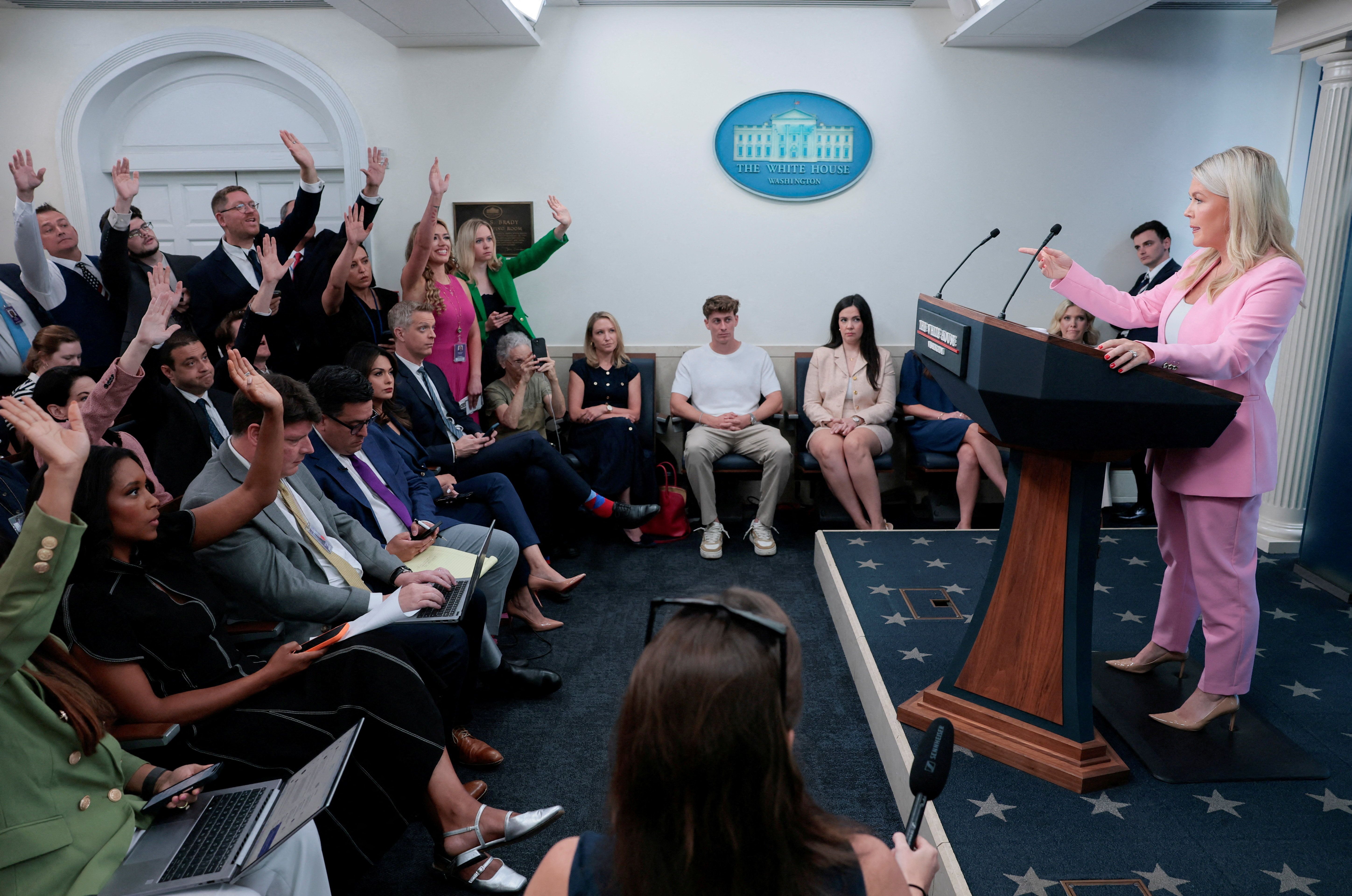 White House Press Secretary Karoline Leavitt answers questions during a press briefing at the White House last month.