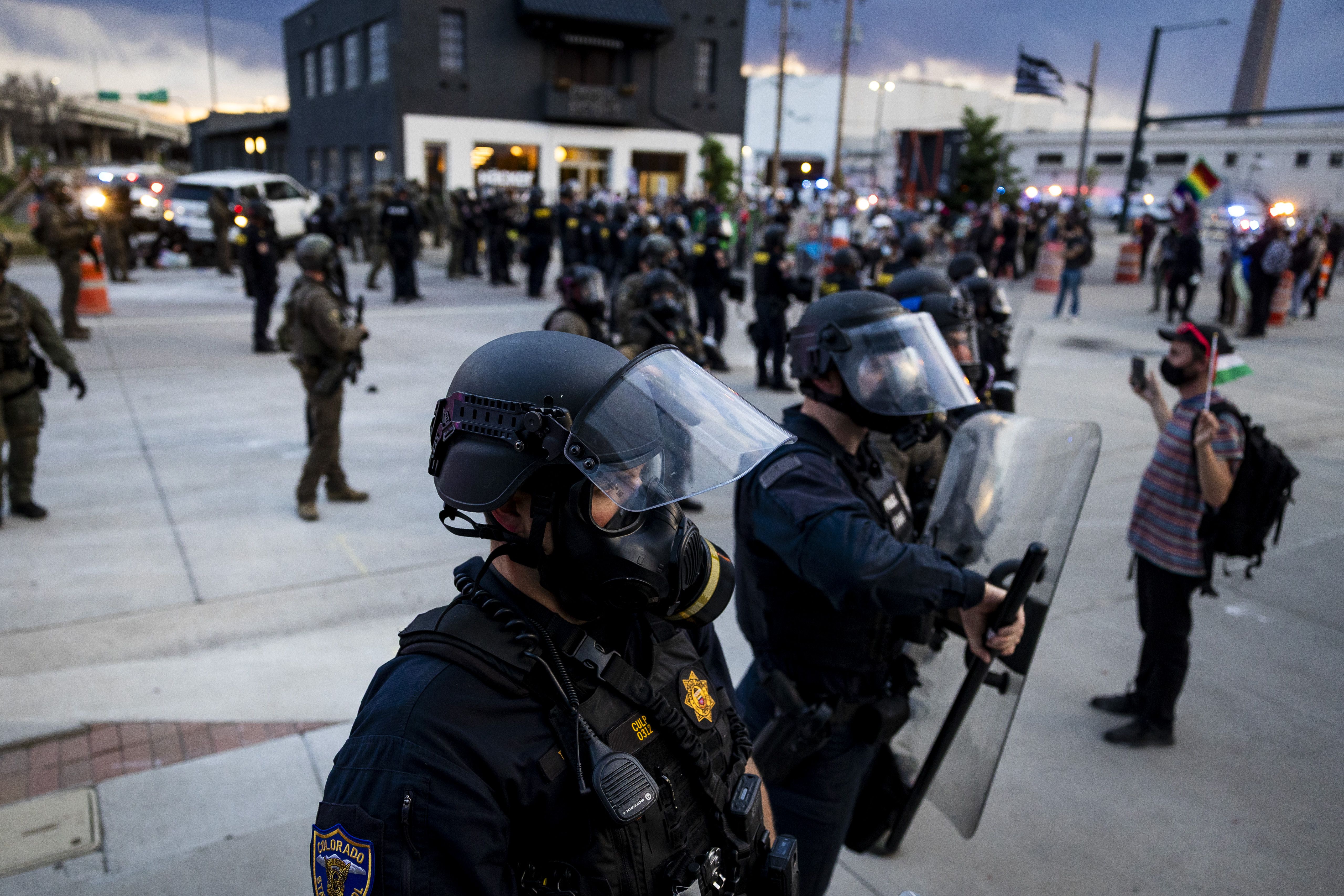 Police stand off against protestors marching against Immigration and Customs Enforcement (ICE) on June 10, 2025 in Denver, Colorado. Protestors are gathering in cities across the nation to denounce the Trump administration's ICE raids.