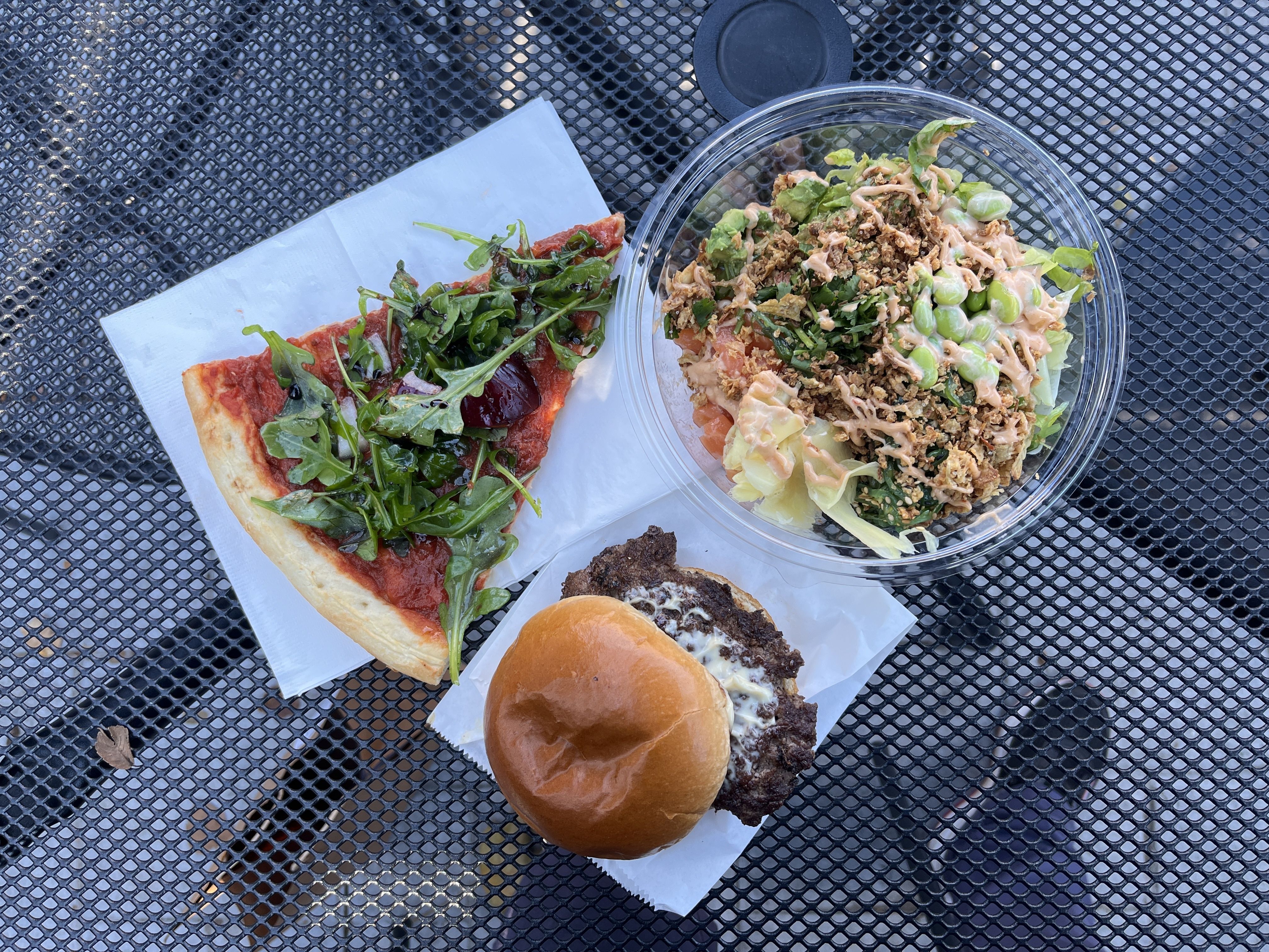 burger pizza and salad 