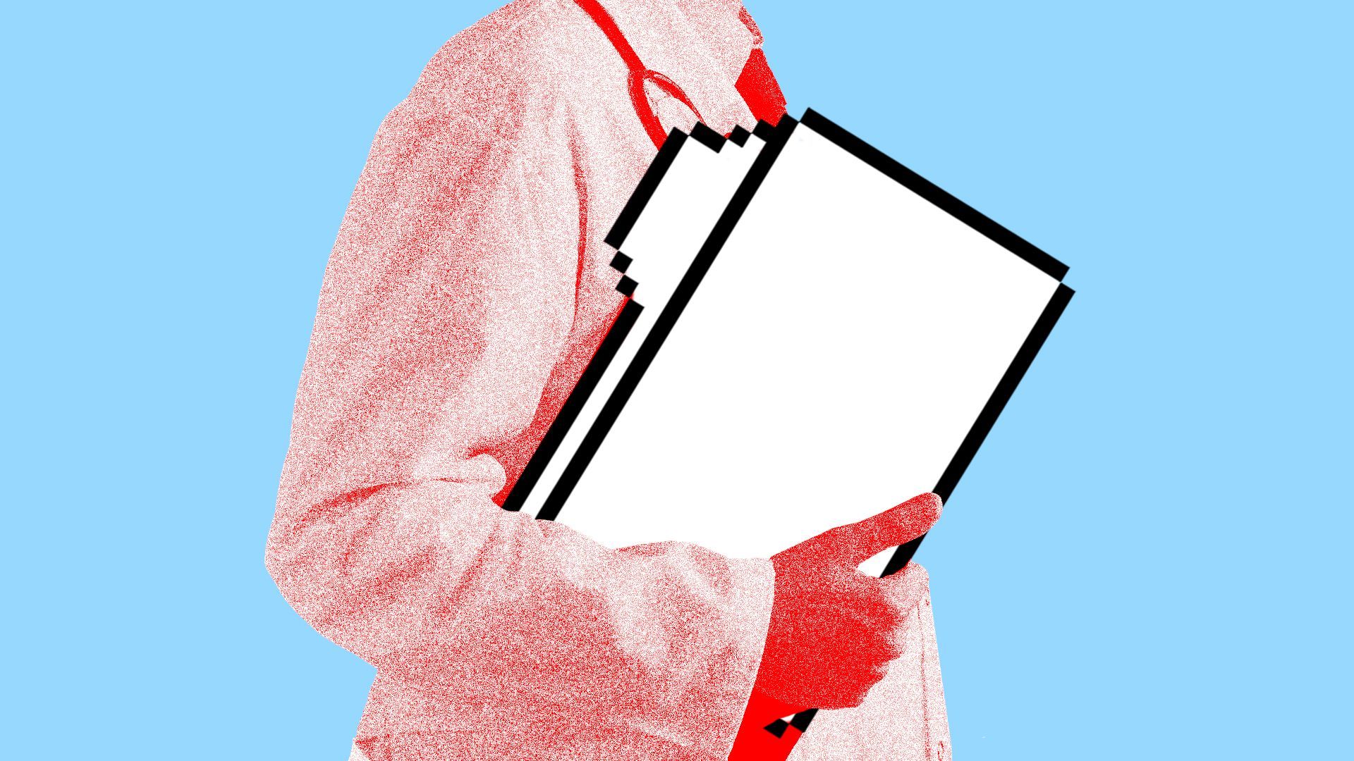 Doctor carrying a computer patient chart.