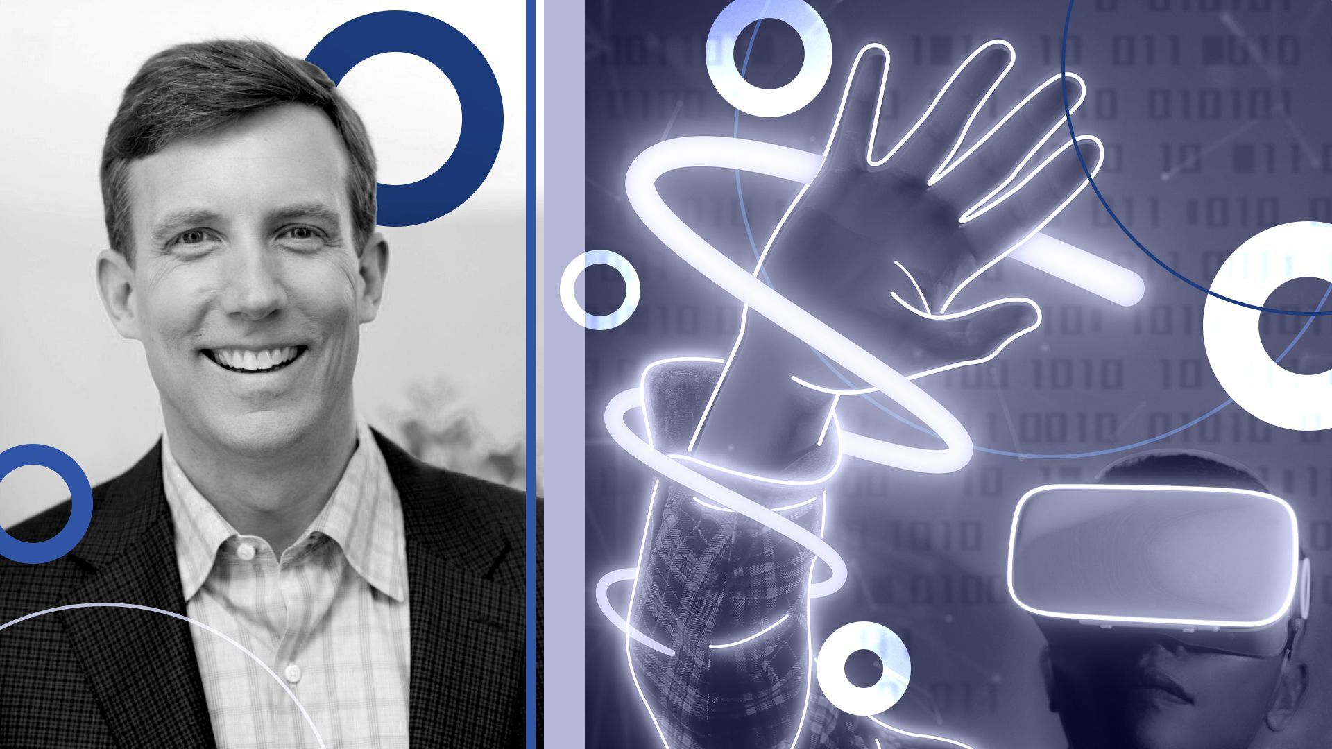 Photo illustration of John Harrison, Americas Sector Leader for Media and Entertainment at EY, with an image of someone using a VR device.