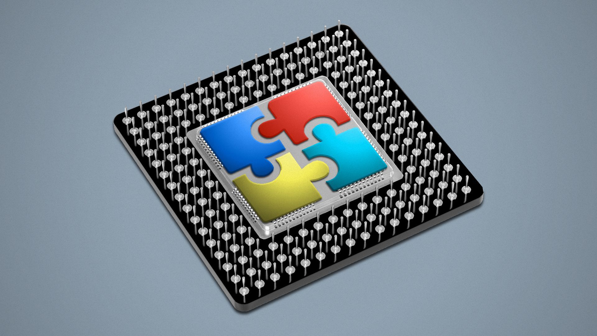 Illustration of microchips shaped like puzzle pieces on a CPU.