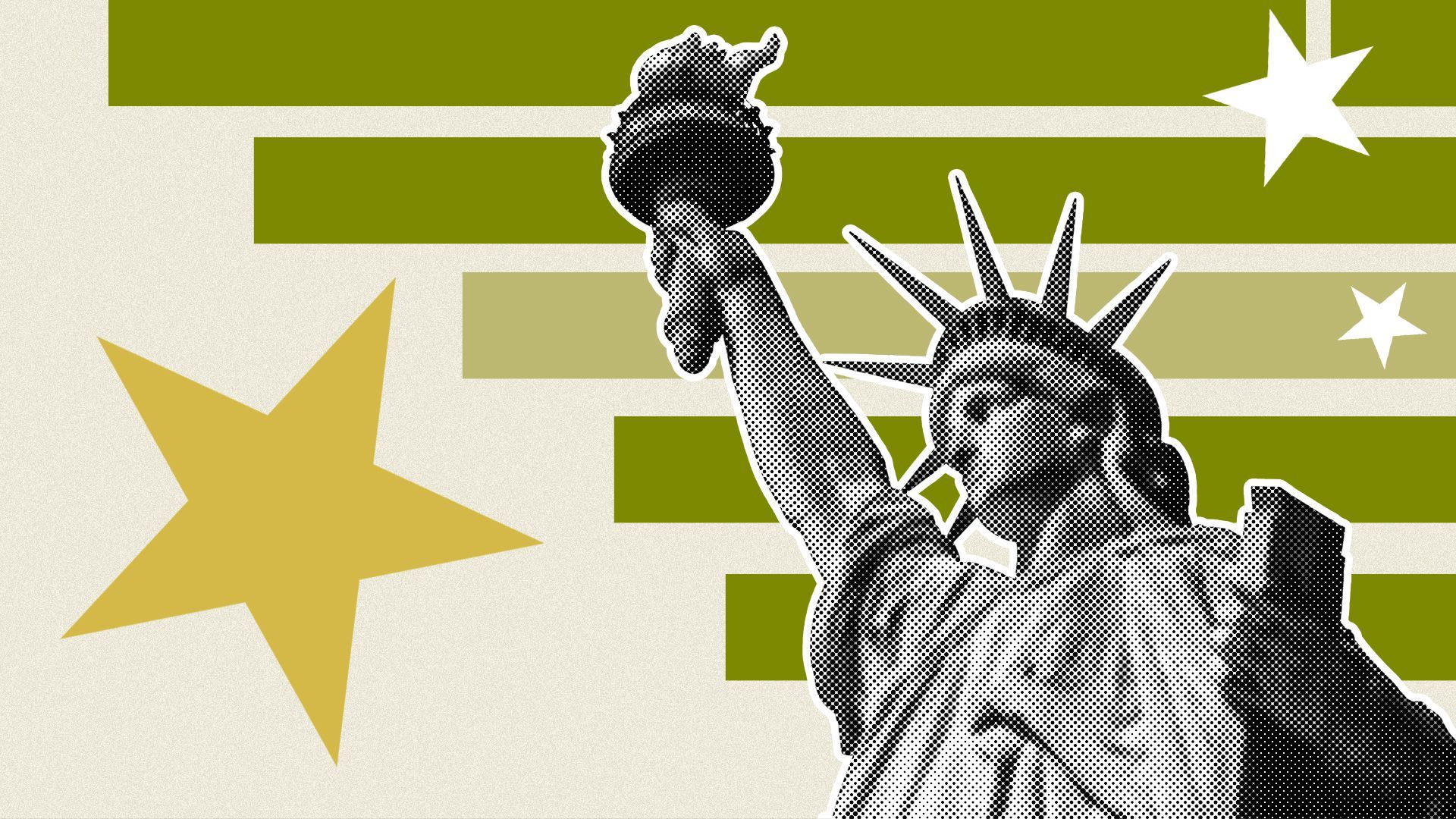 Illustration of the statue of liberty with stripes and stars.