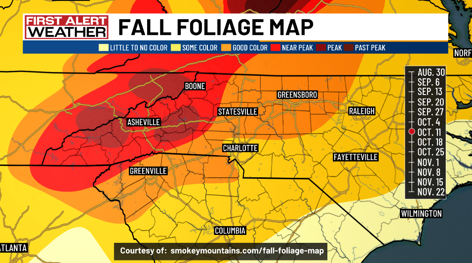 A map of North Carolina showing when peak fall foliage will occur.