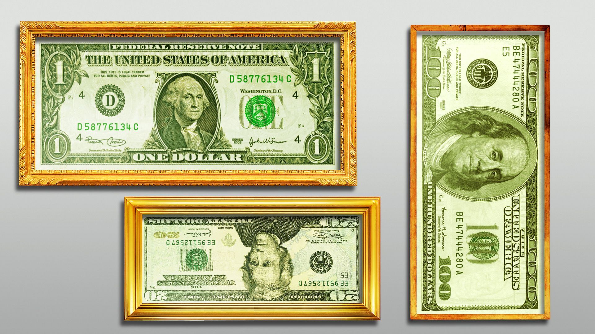 Illustration of various U.S. bills framed on a gallery wall