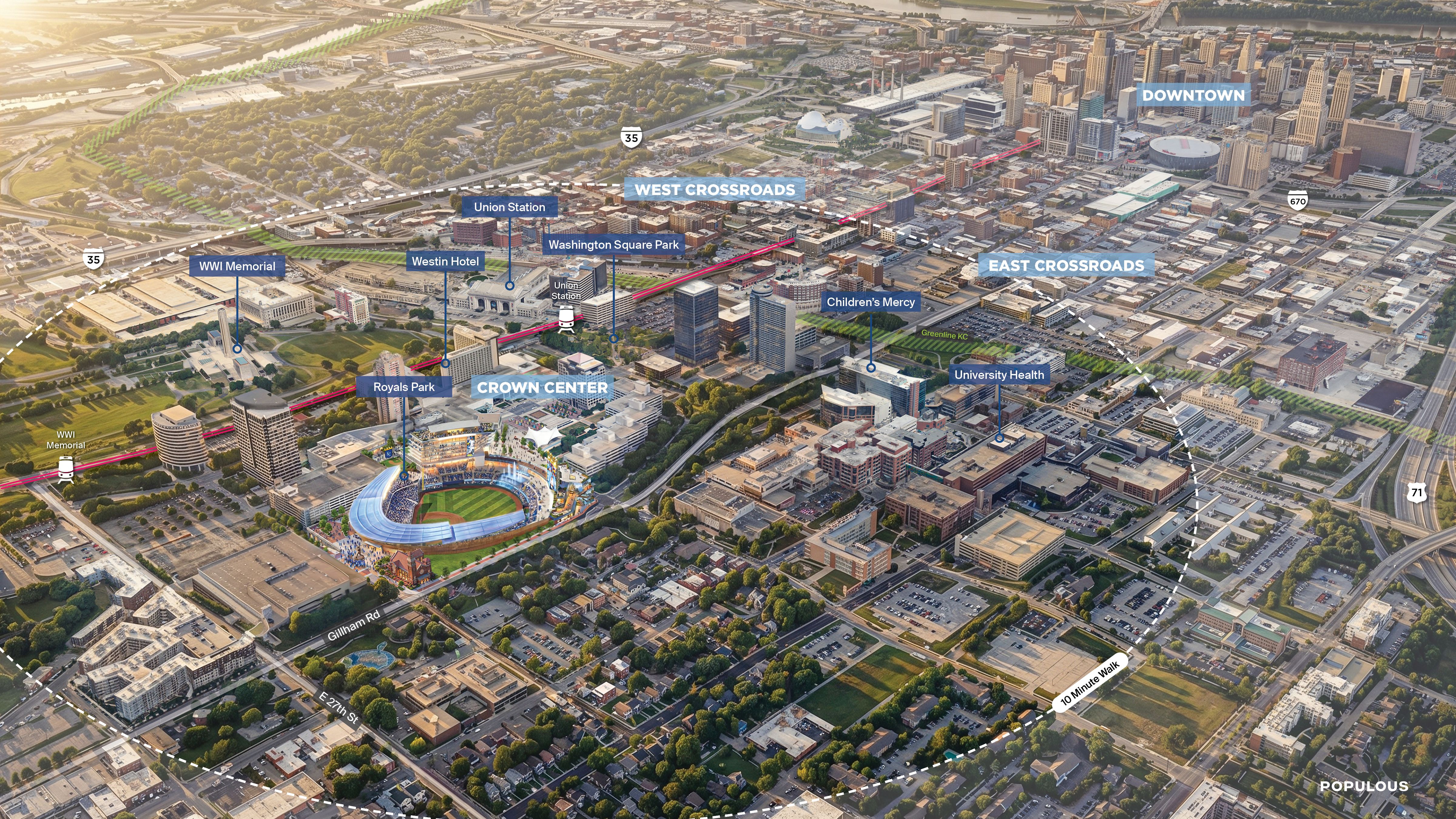 Aerial map of Kansas City showing Downtown, Crossroads, Union Station, Crown Center, Washington Park, Westin Hotel, University Health, Children's Mercy; highways 35 and 670.