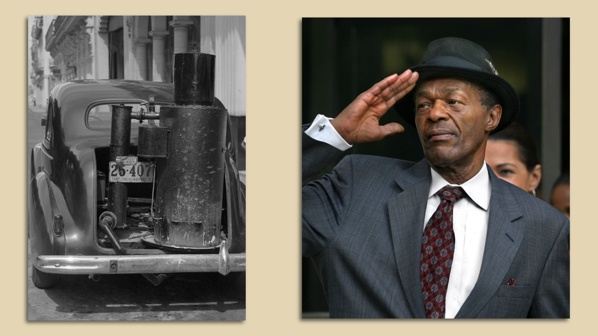 A gasifier device from the 1940s attached to a car. Alongside a separate photo of Marion Barry 