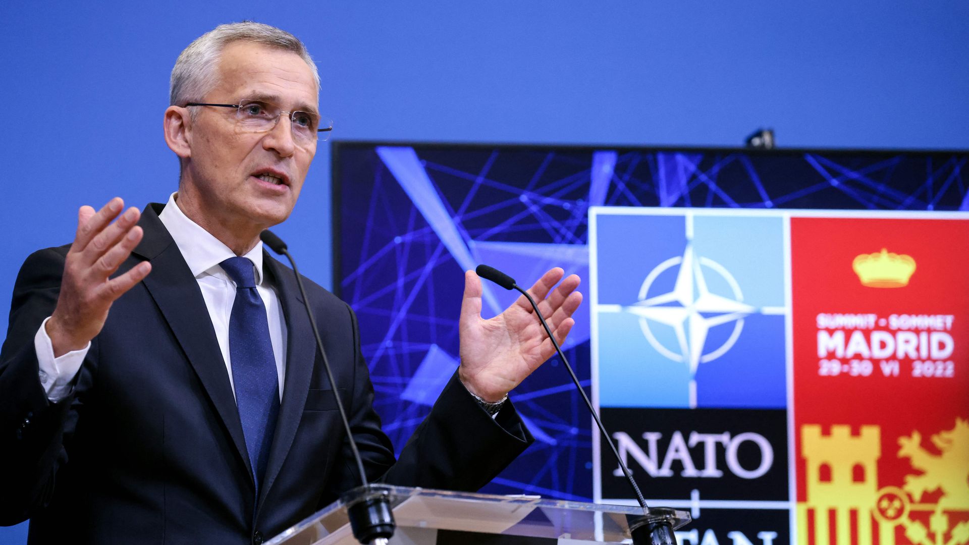 NATO Secretary General Jens Stoltenberg gestures as he speaks during a press conference