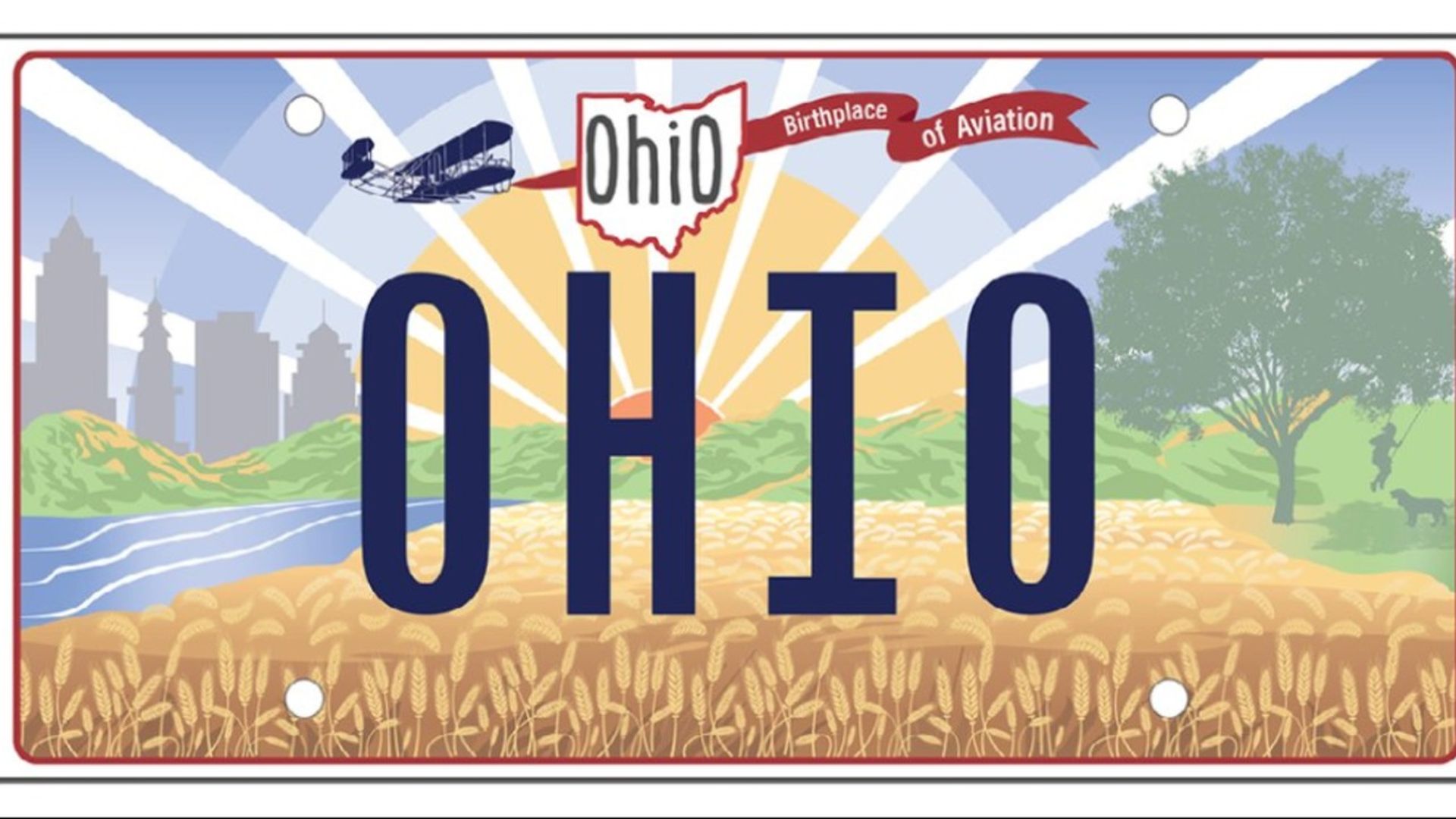 A newly-designed Ohio license plate, featuring a plane pulling the banner, "Ohio, Birthplace of Aviation."