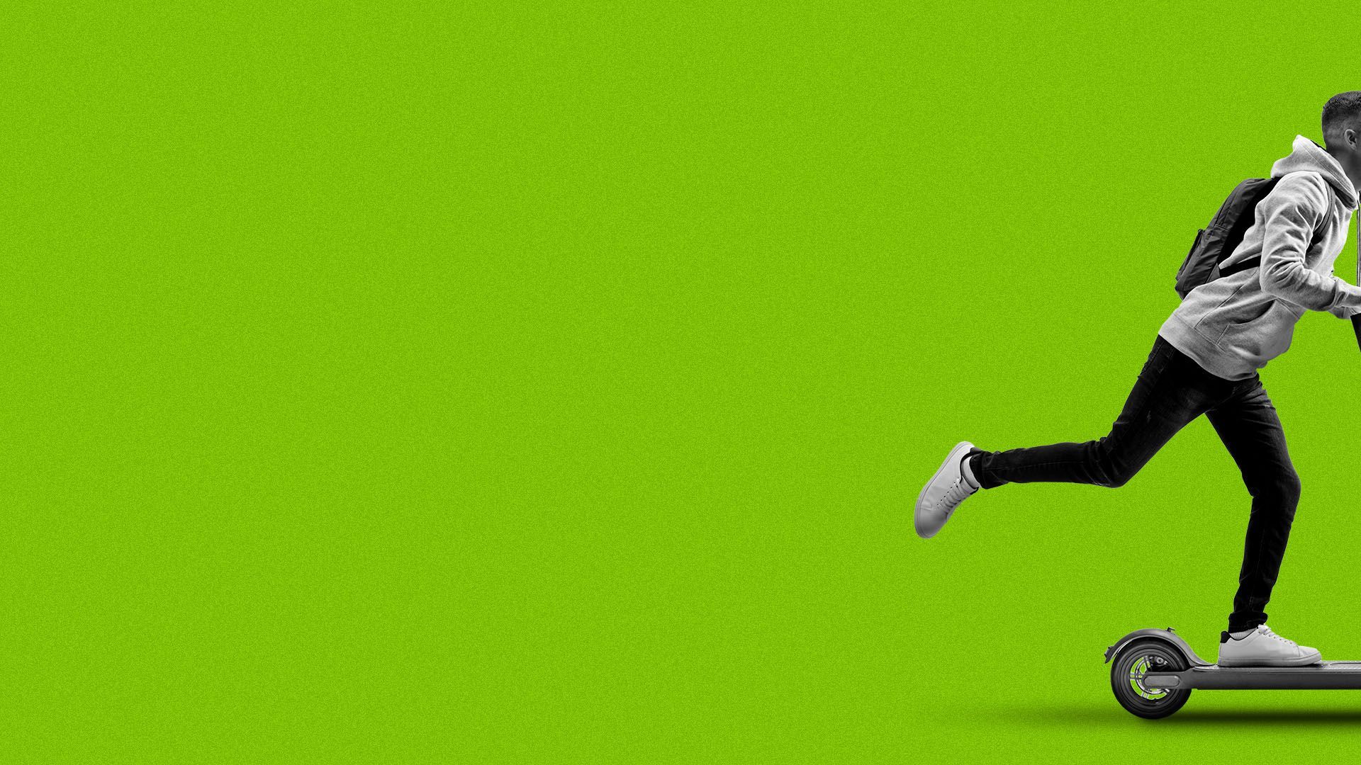 Illustration of a man on a scooter moving out of frame