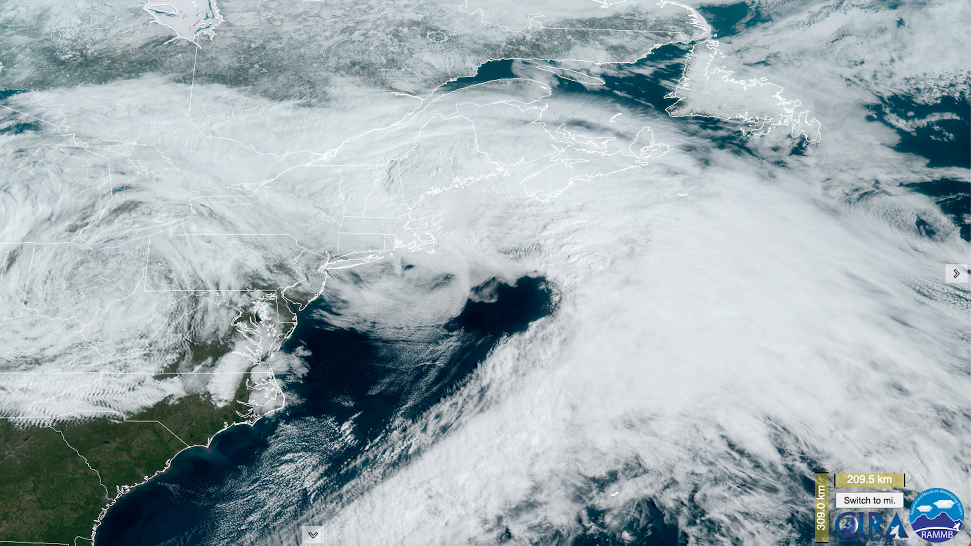Satellite image of a powerful spring storm hitting the Northeast.