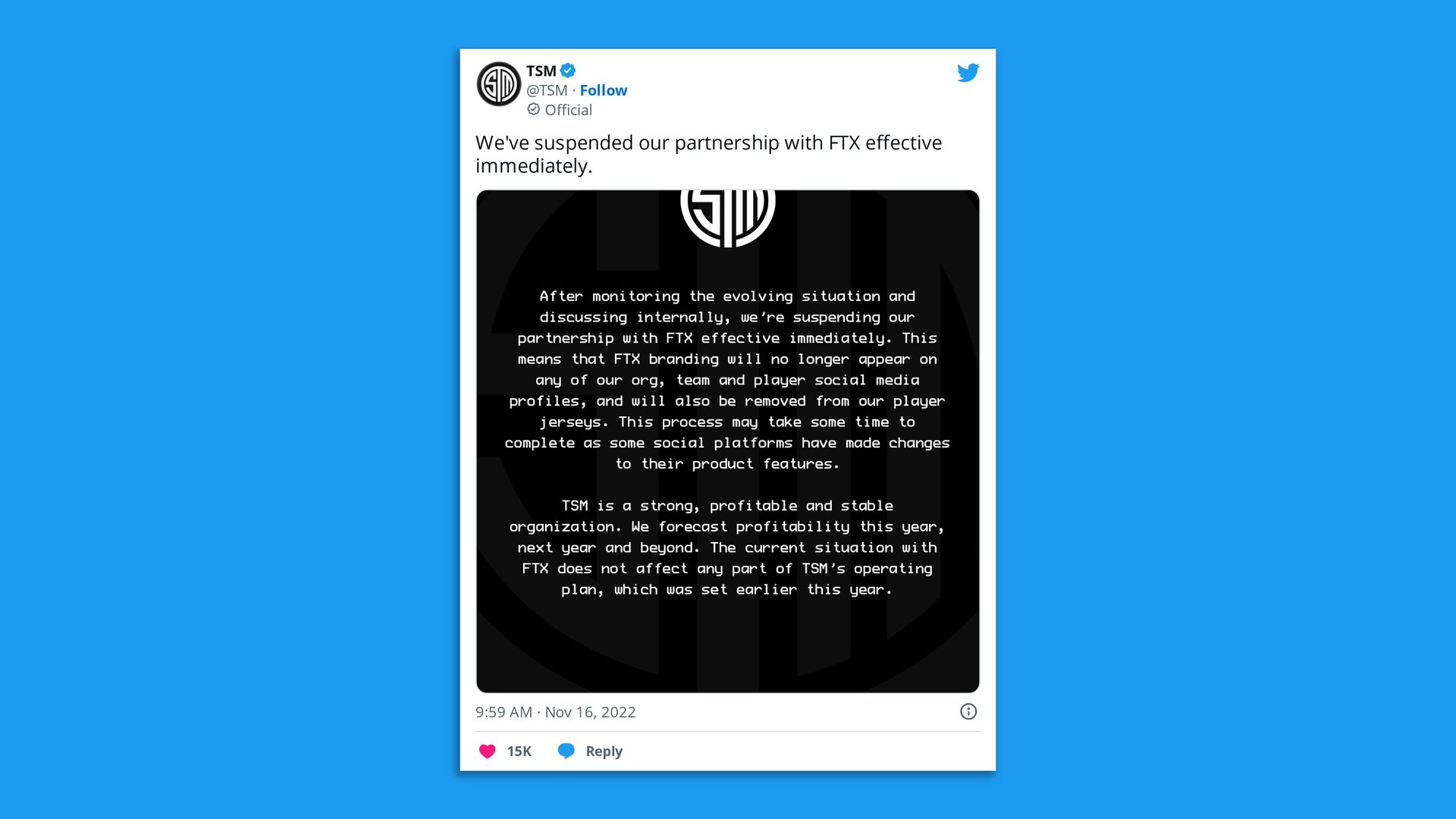 Screenshot of a tweet from TSM stating, in part: "We've suspended our partnership with FTX effective immediately."