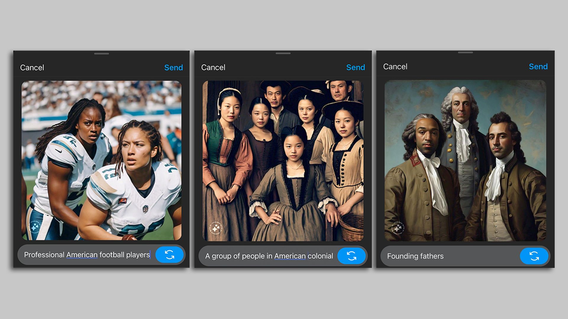 Three AI-generated images showing diverse people with the prompts ‘professional american football players,’ ‘A group of people in American colonial’ and ’Founding fathers.