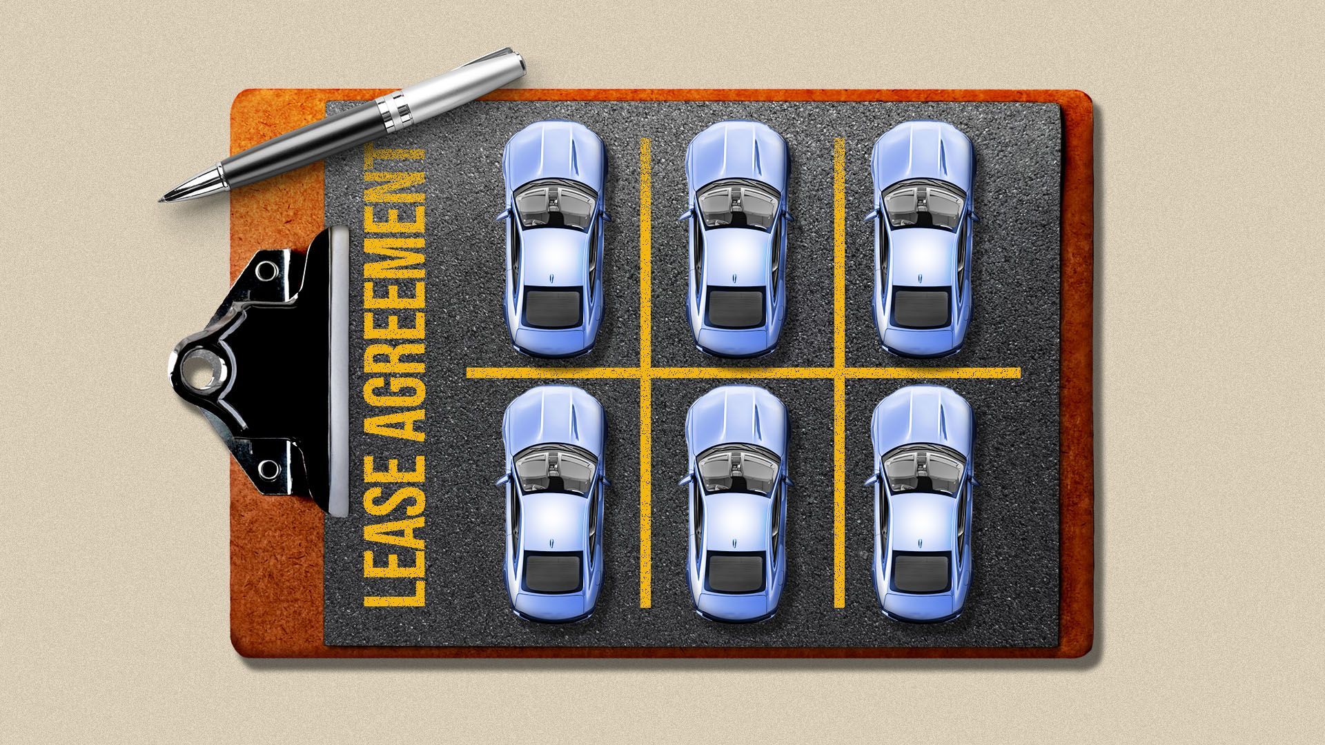 An illustration of a clipboard with a pen on top, featuring an aerial view of six blue cars parked in two rows on a parking lot surface. The words 'LEASE AGREEMENT' are written in large yellow letters on the surface of the clipboard next to the parked cars.
