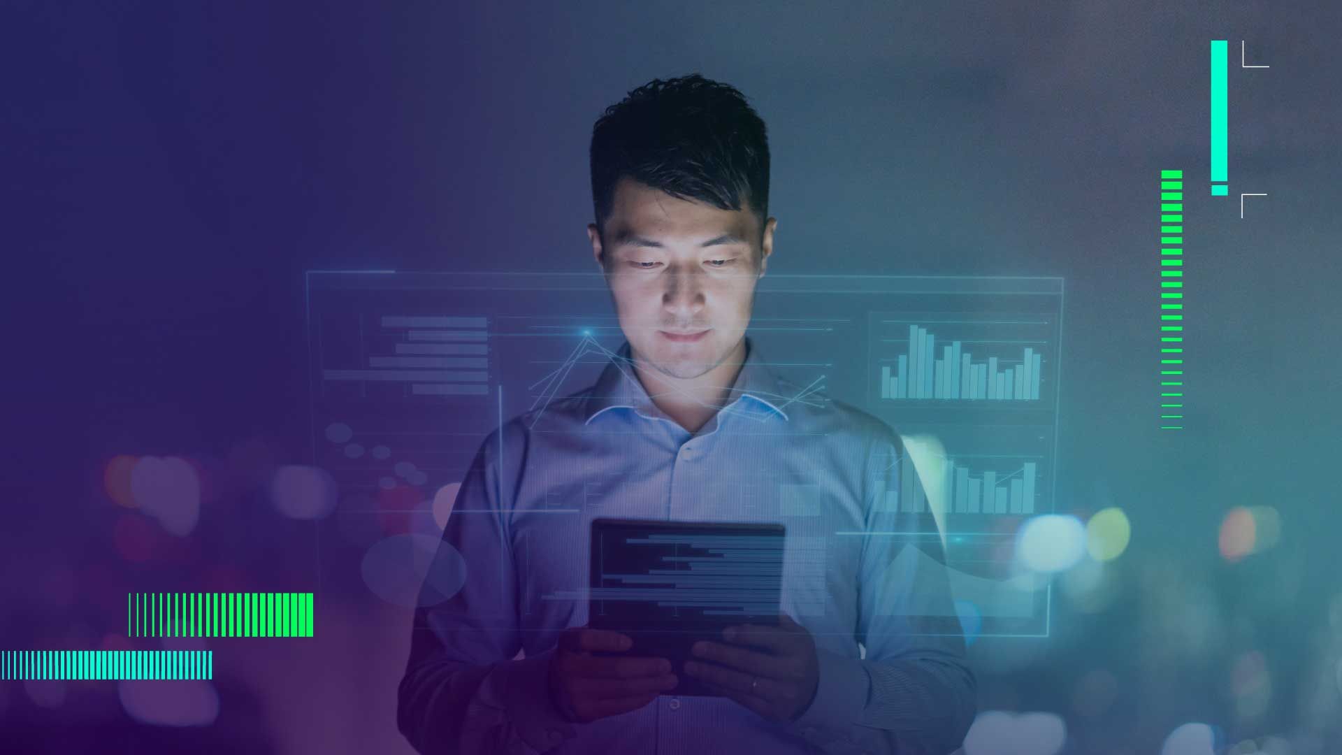 Portrait of a man in a blue shirt looking at a tablet, surrounded by holographic blue charts and graphs; neon green data bars on the left and right with city lights blurred in the background.
