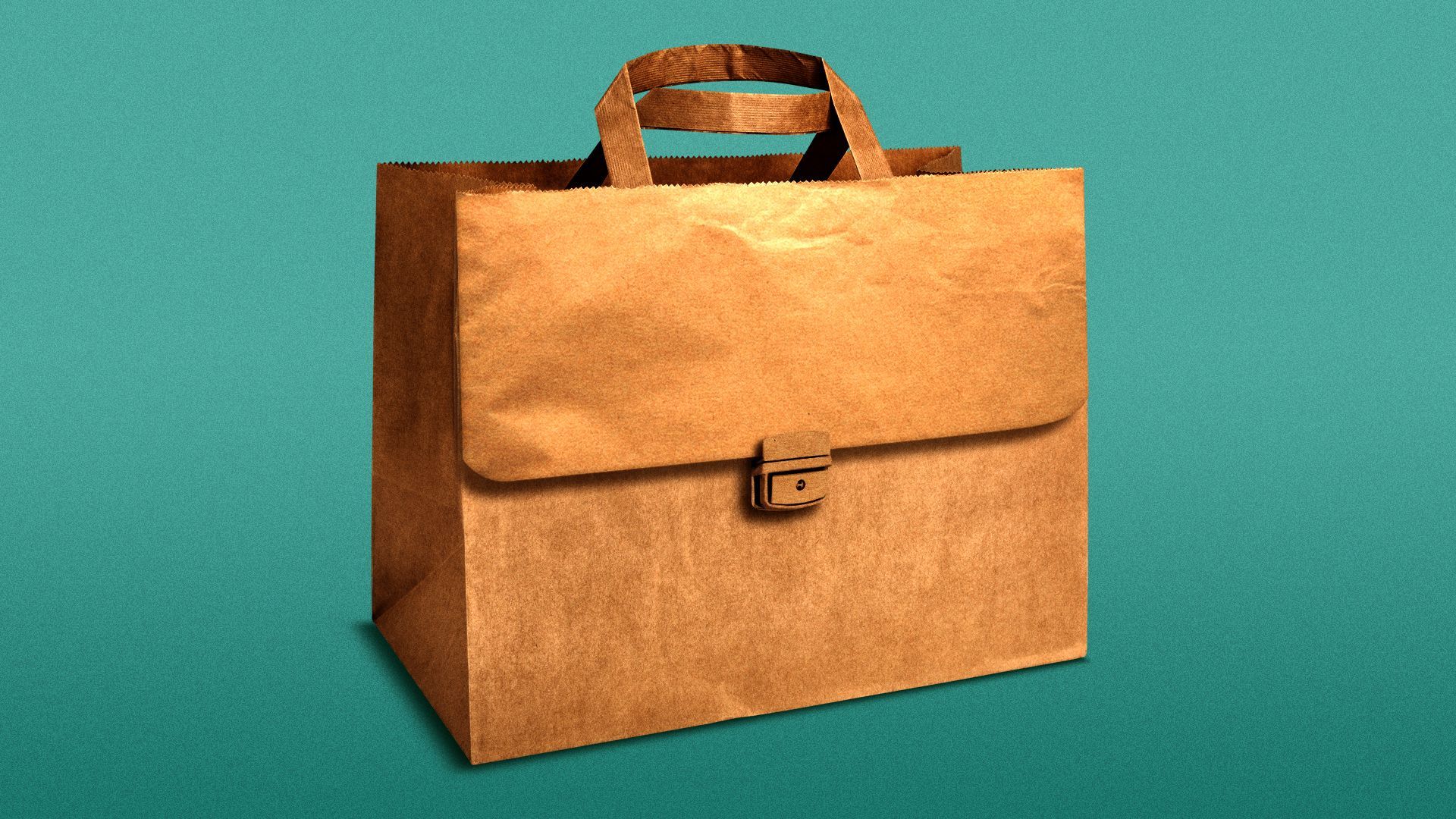 Illustration of a briefcase made out of paper grocery bags. 
