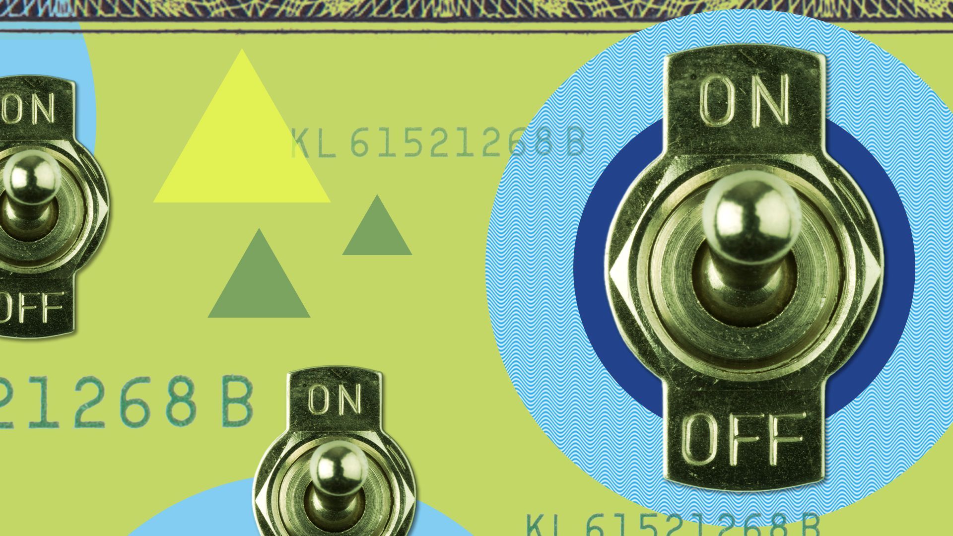 Illustration of power switches turned "on" surrounded by abstract shapes and dollar elements. 