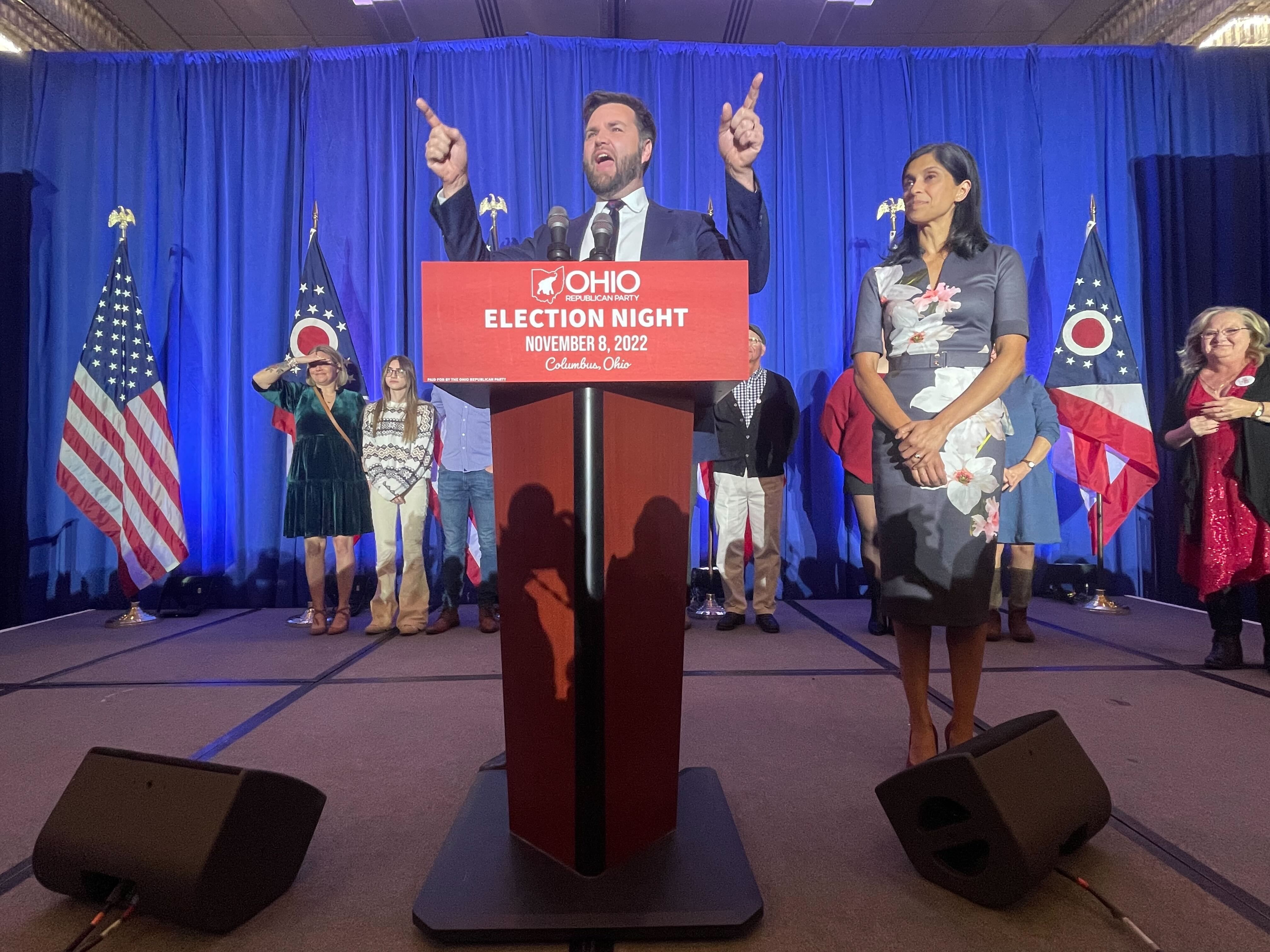 J.D. Vance at the podium during his campaign victory speech.