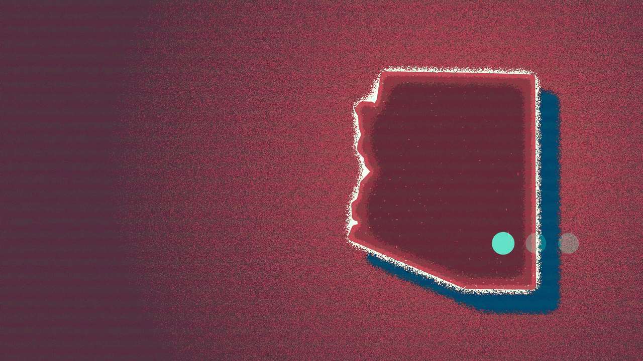 Animated illustration of the state of Arizona glitching, with an ellipsis cycling through its dots on top of it. 