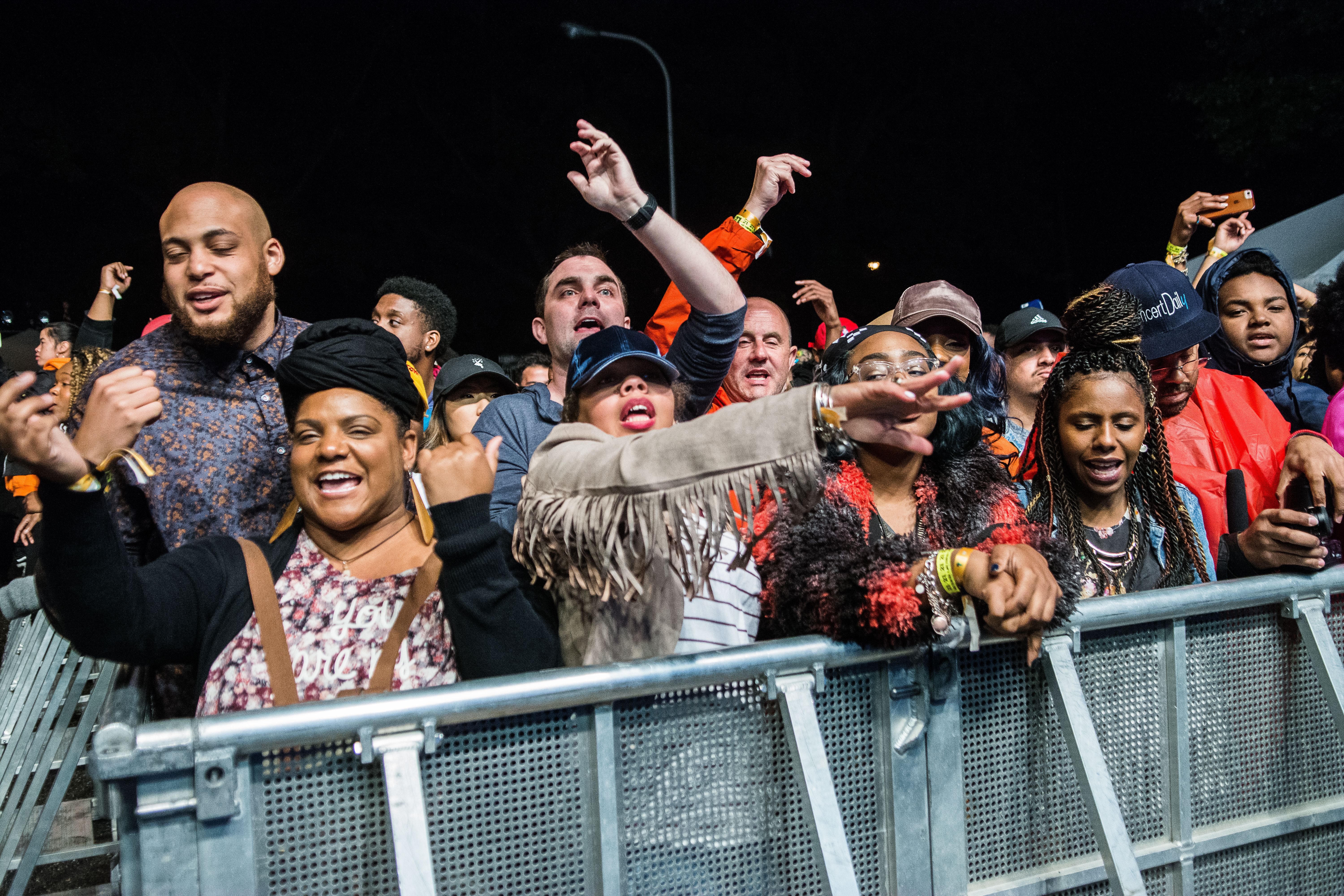 Fans sing and dance at a music festival.