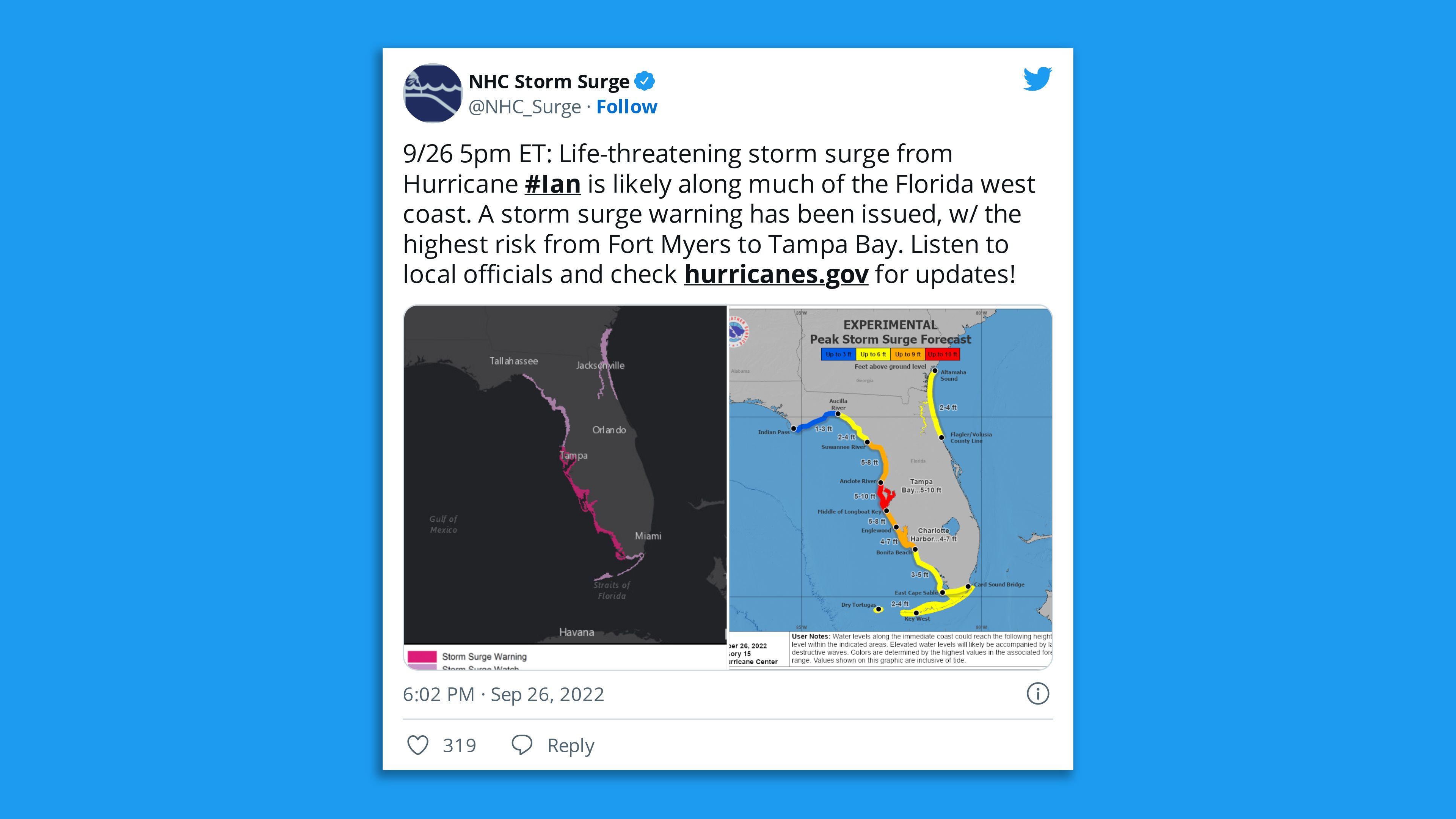 A National Hurricane Center tweet warning about storm surges along Florida's west coast.