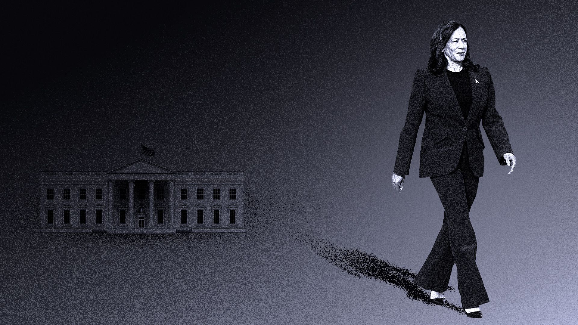 Photo illustration of Kamala Harris walking away from the White House.