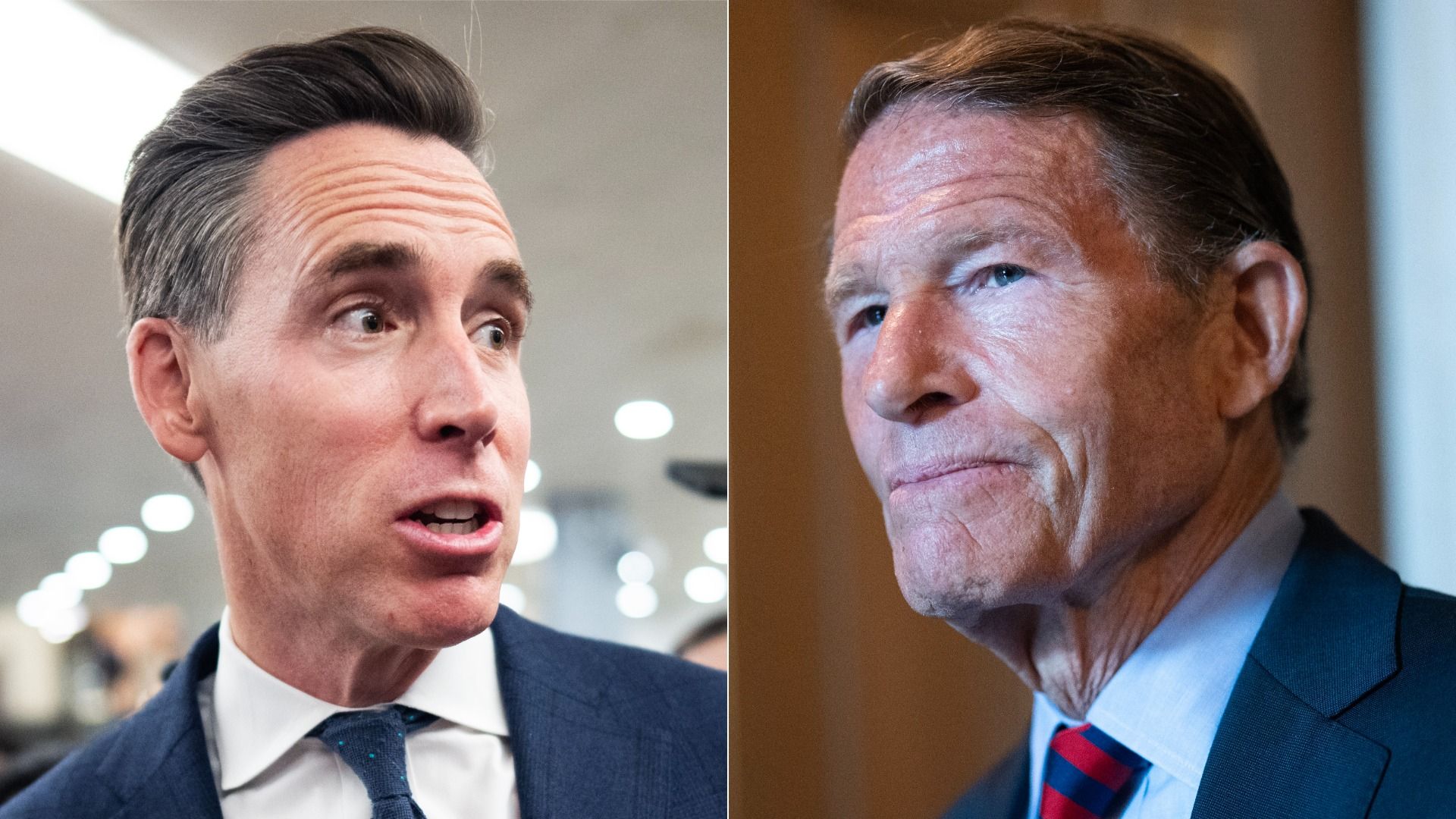 Split image of two men in business suits: left, a man with slicked-back hair speaking, navy suit and dotted blue tie; right, a man with gray hair and a striped red-blue tie, facing slightly away; warm wood background.