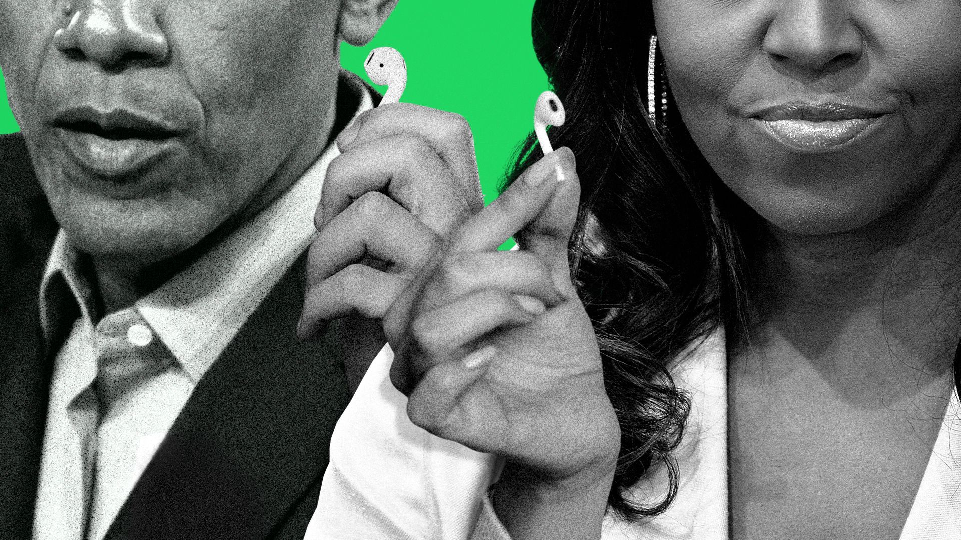 Photo illustration of Michelle and Barack Obama removing headphones from their ears.