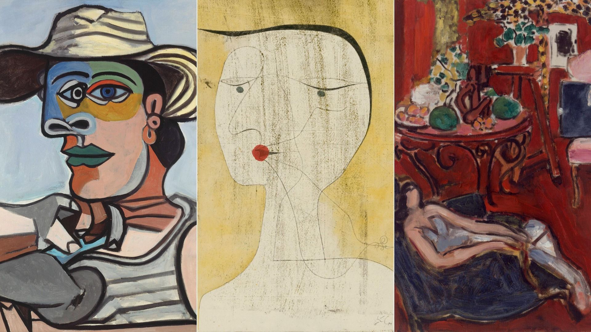 Triptych painting: left panel a stylized woman in a wide-brim hat with color blocks on her face; center a pale outlined head with a red mouth on yellow; right red ornate furniture with fruit and flowers.