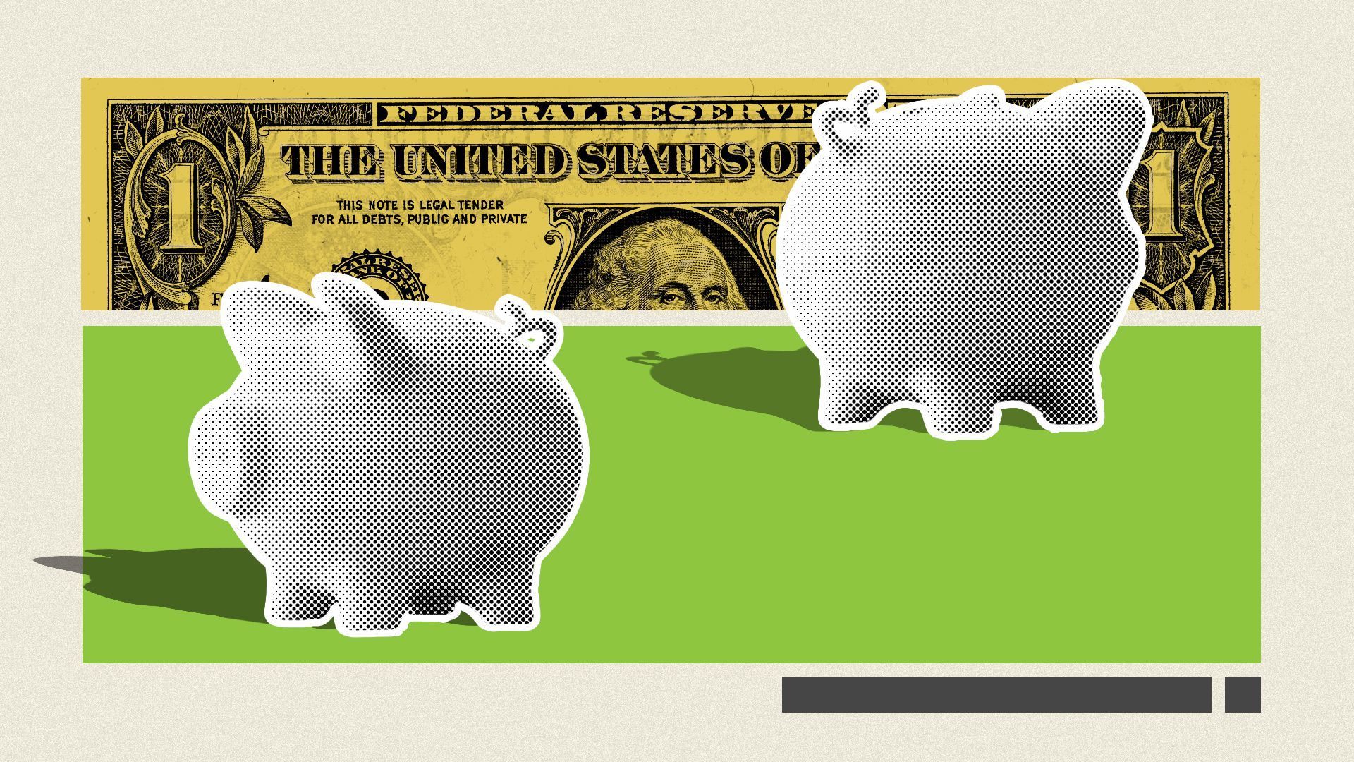 Illustration of two piggy banks facing in opposite directions overlaid on top of a dollar bill and a rectangle. 