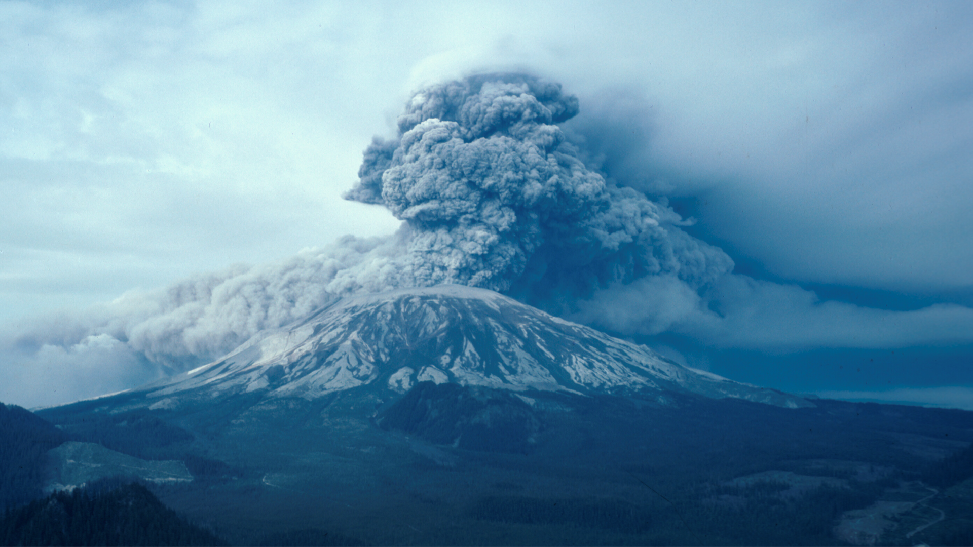 A photo of Mount Saint Helen erupting. 