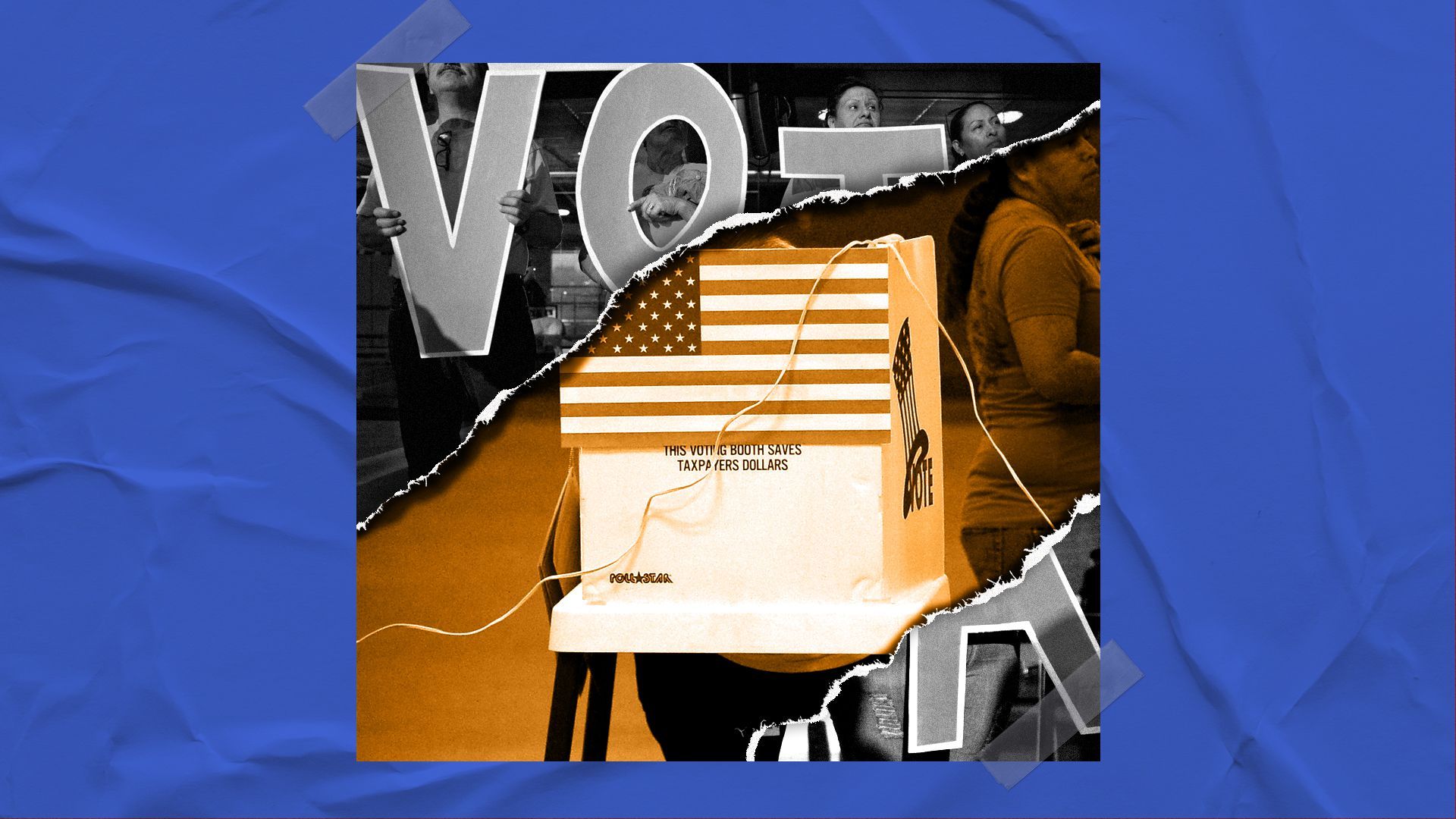 Photo illustration of a voting booth with people holding signs that read "vota"