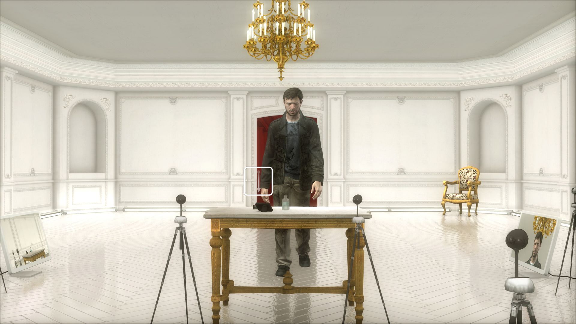 Video game screenshot of a scruffy-looking man in a well lit room standing in front of a desk and under a chandelier. 
