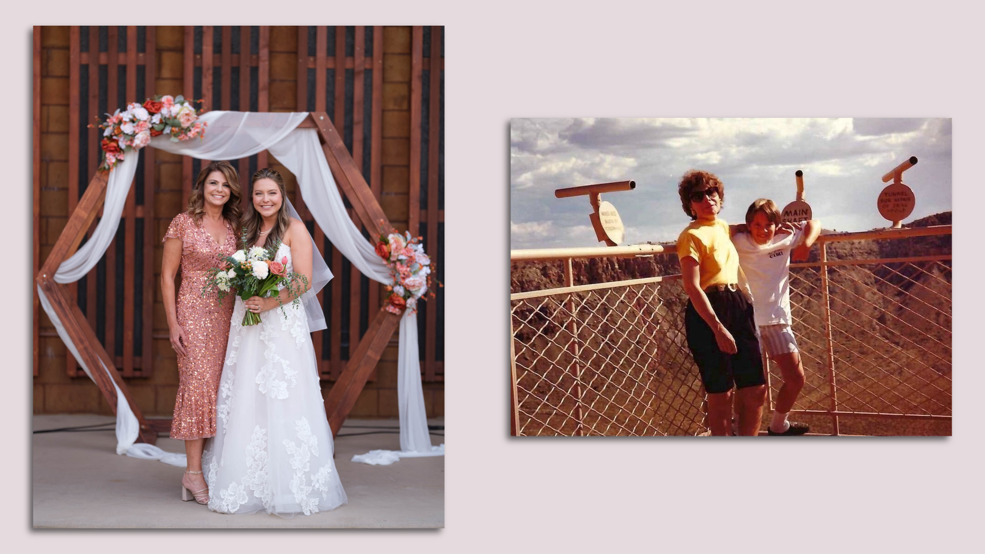 Side by side photos of two people with their moms. 
