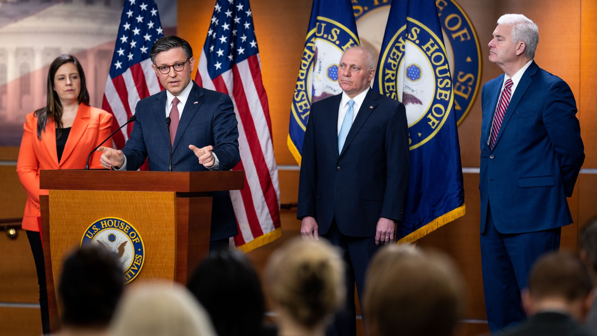 House Republican leadership from left, Republican Conference Chair Elise Stefanik, R-N.Y., Speaker of the House Mike Johnson, R-La., House Majority Leader Steve Scalise, R-La., and House Majority Whip Tom Emmer, R-Minn., hold their news conference after the House Republican Conference caucus meeting