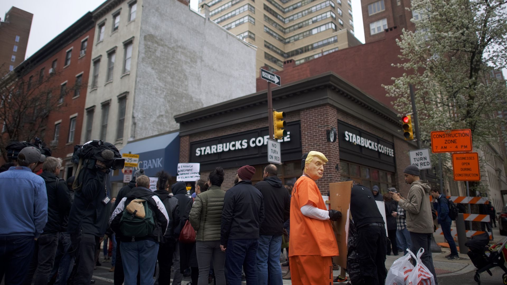 Protestors outside of Starbucks