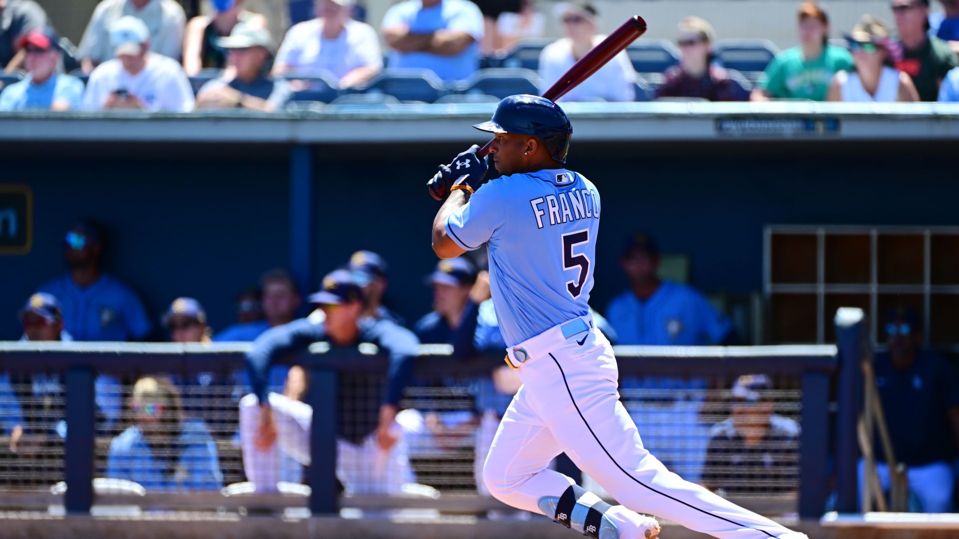 Wander Franco starts to run after a batted ball in a spring training game in Port Charlotte. Photo: Julio Aguilar/Getty Images