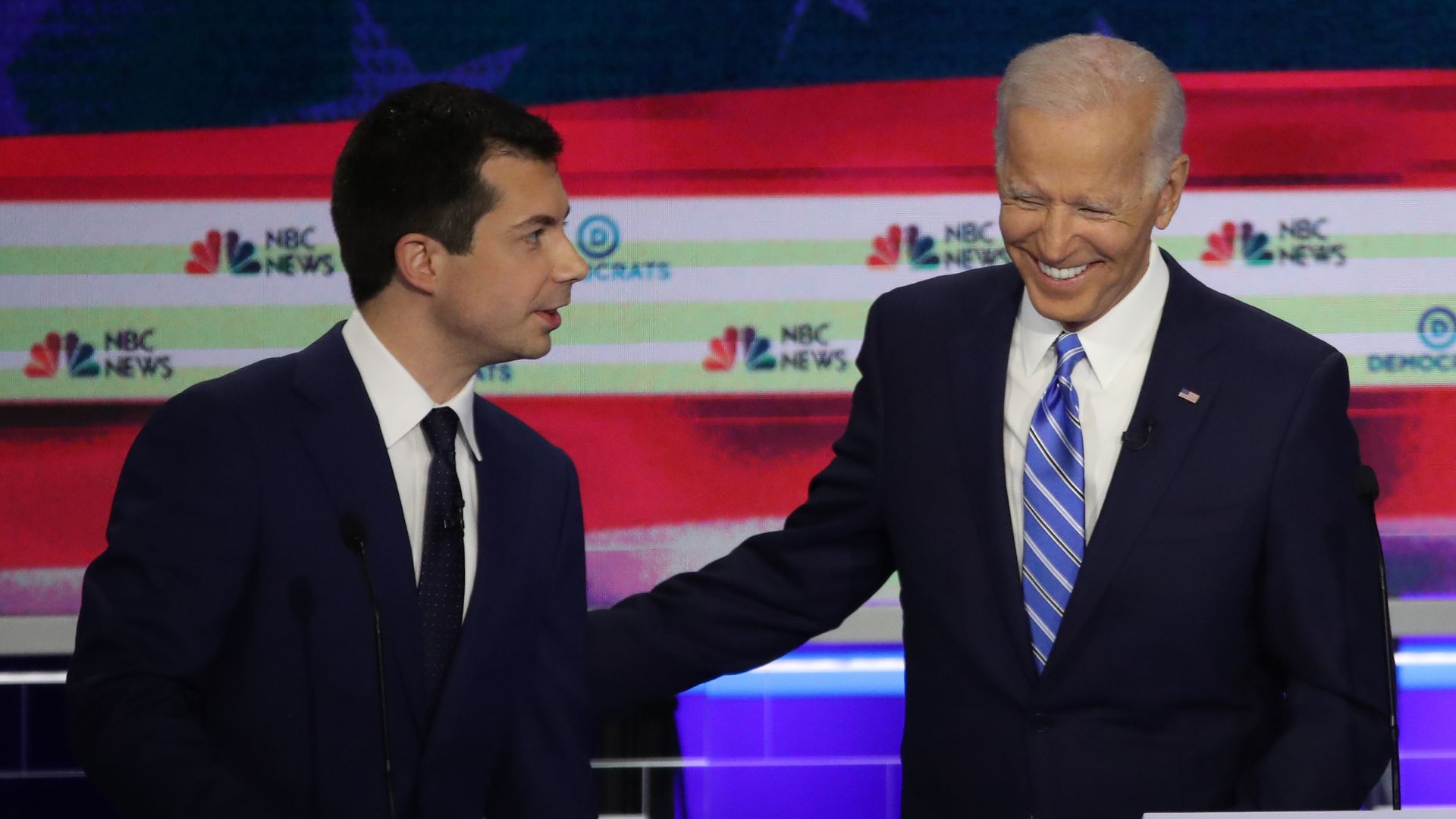 Pete Buttigieg (L) and former Vice President Joe Biden during the first Democratic presidential debate on June 27, 2019 in Miami, Florida. 