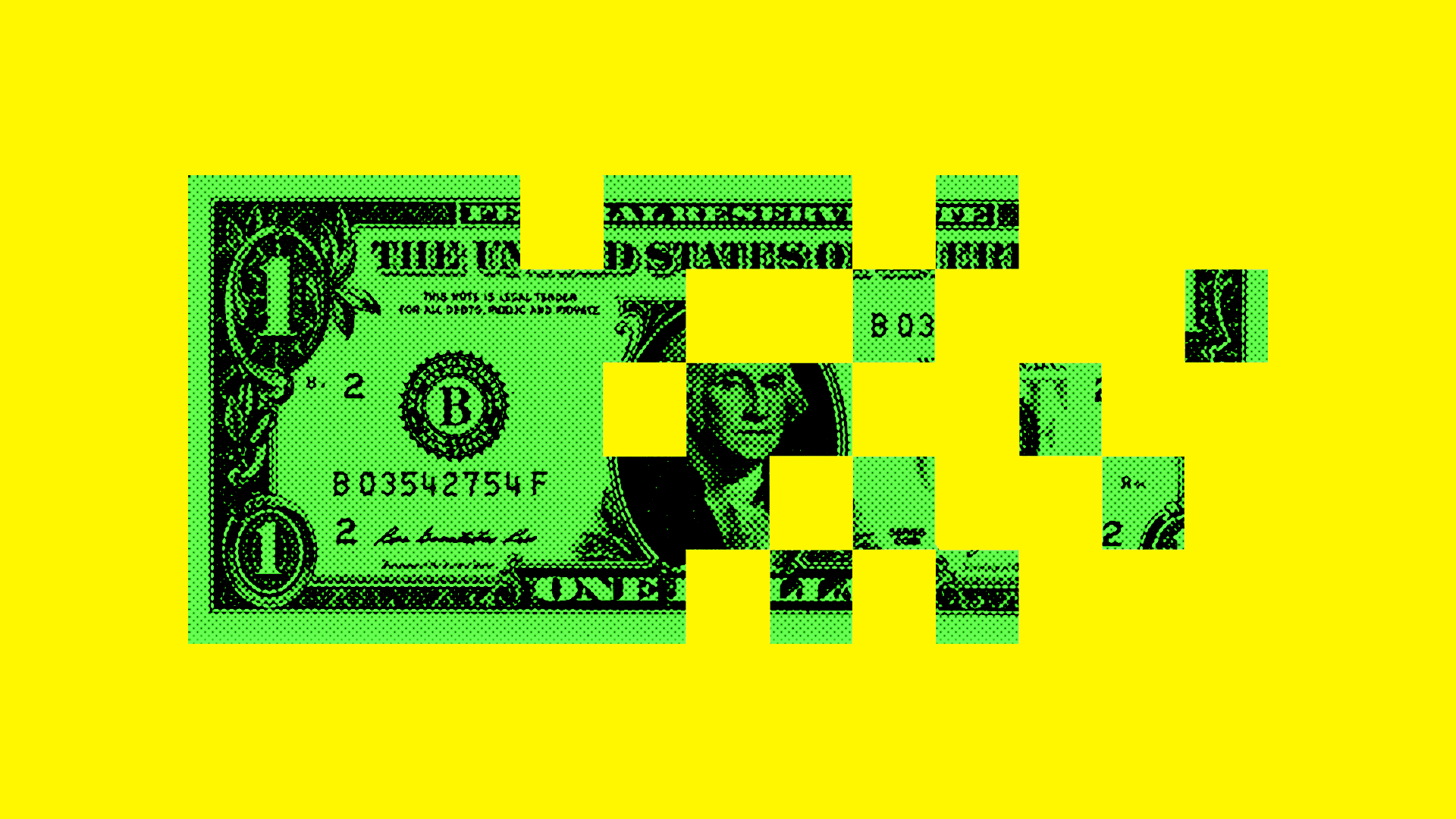 Image of a dollar bill gradually vanishing into pixellated squares