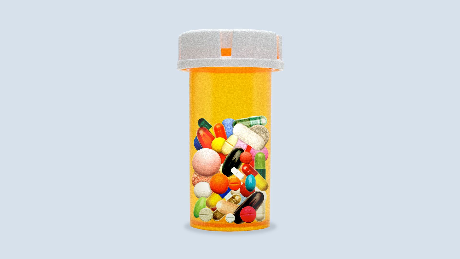 Illustration of a pill bottle filled with different colors, sizes and shapes of pills in it
