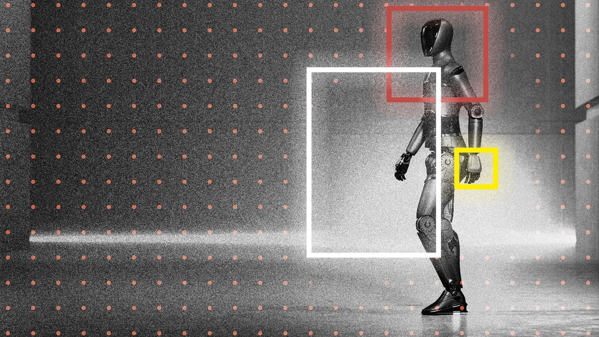 Photo illustration of a humanoid robot with squares highlighting areas of the photograph.