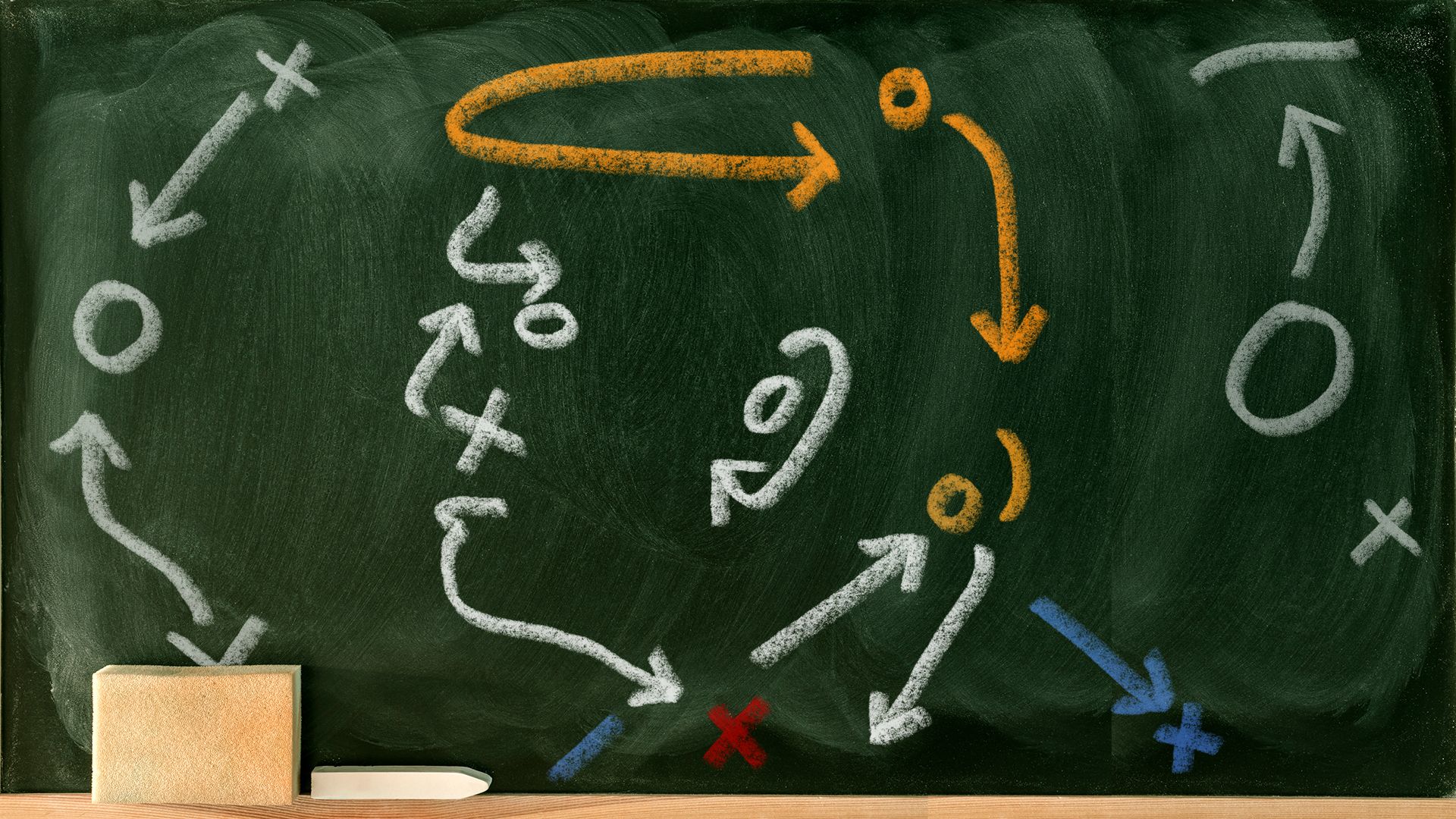 Illustration of Trump's head profile made from game plan lines, x's and o's, on a chalkboard.