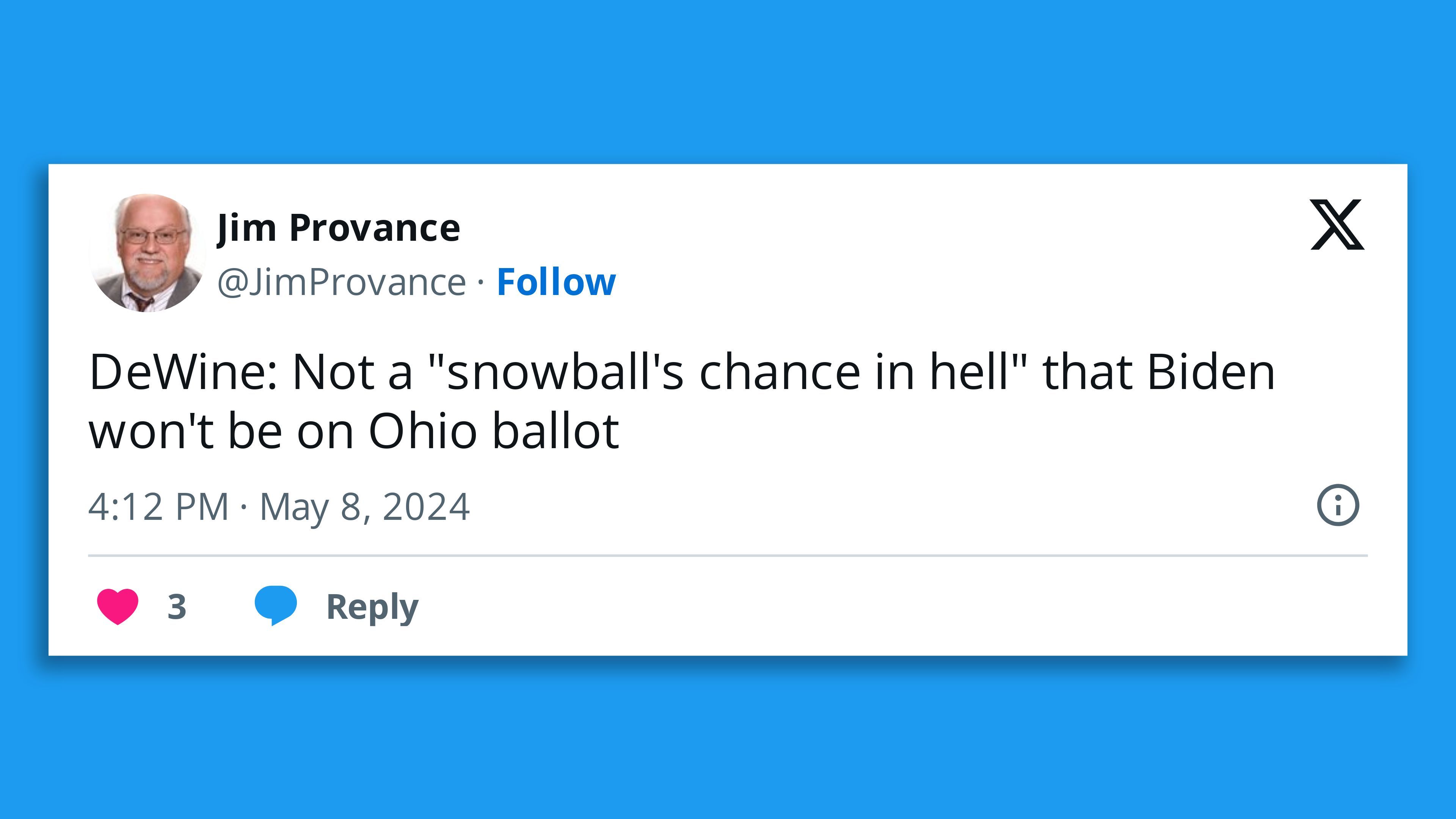 Tweet from Jim Provance about Ohio Gov. Mike DeWine