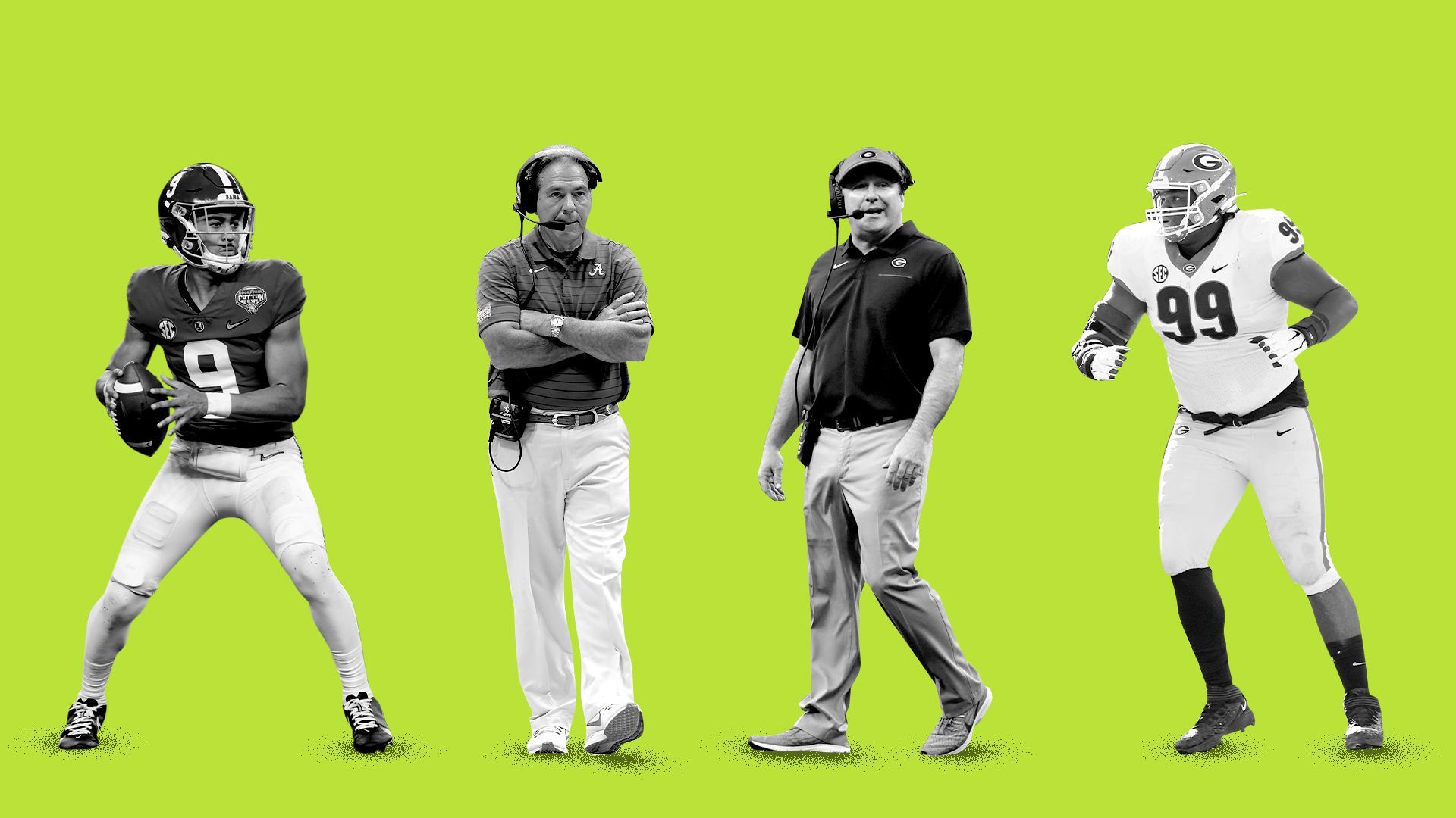 Photo illustration of Bryce Young, Nick Saban, Kirby Smart and Jordan Davis.