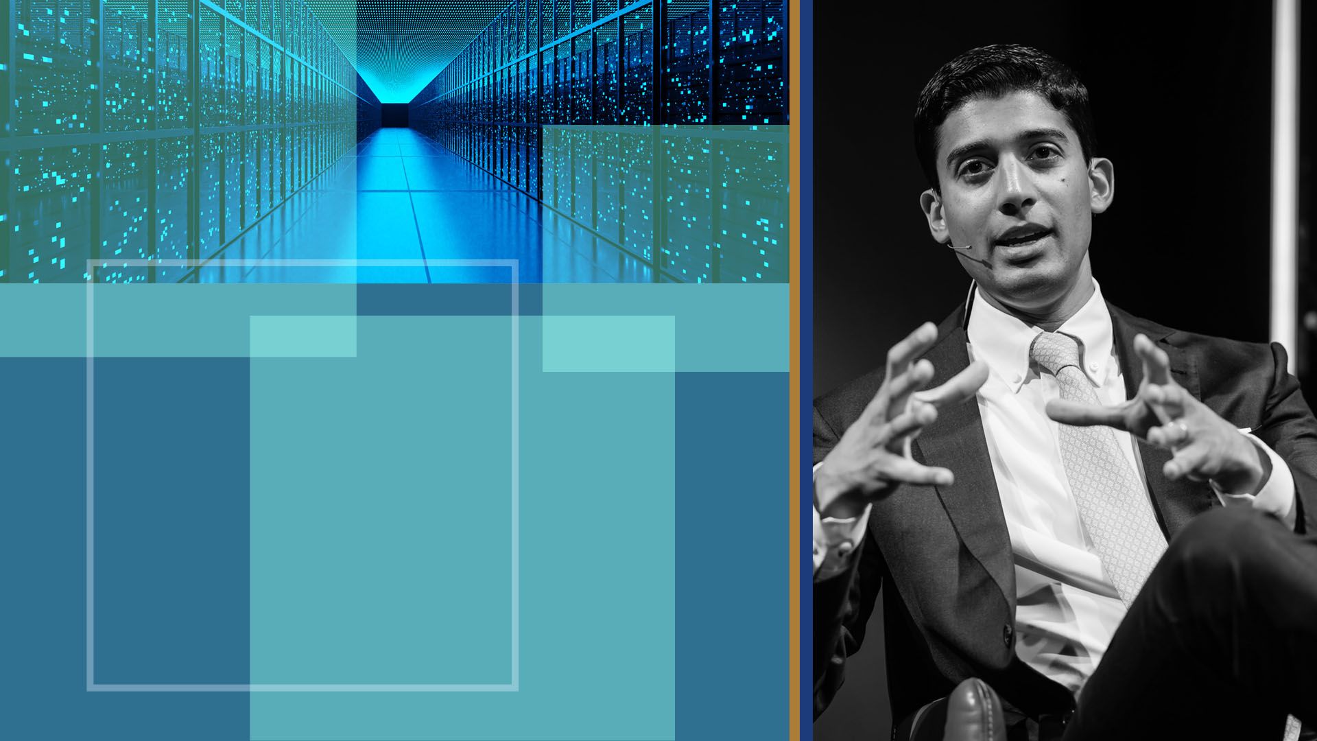 Photo illustration of Varan Sivaram beside a photo of a data center and various squares
