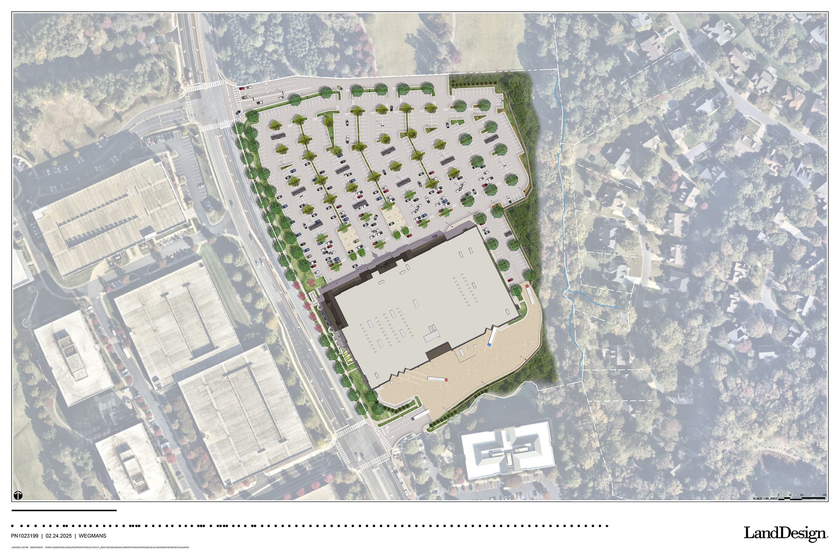 Top-down site plan of a large light grey building with adjacent parking lots featuring trees, surrounded by roadways and residential houses, marked by LandDesign logo.