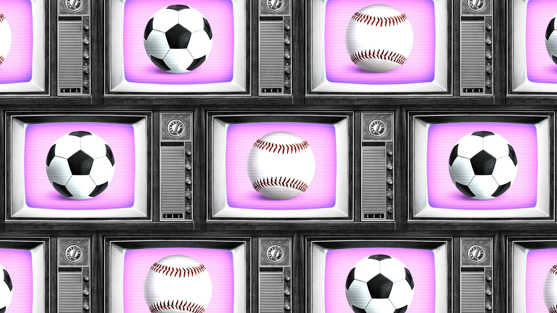 Illustration of soccer balls and baseballs on a wall of TVs.