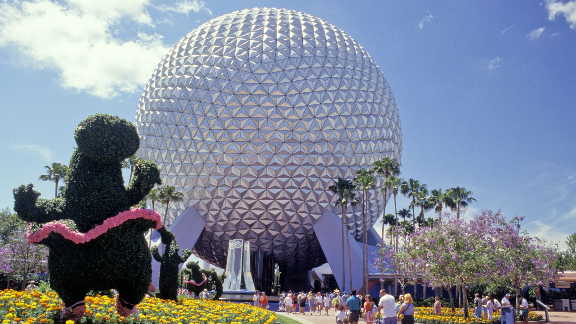 Florida, Orlando, Epcot Center, View Including Sphere And Topiary. 
